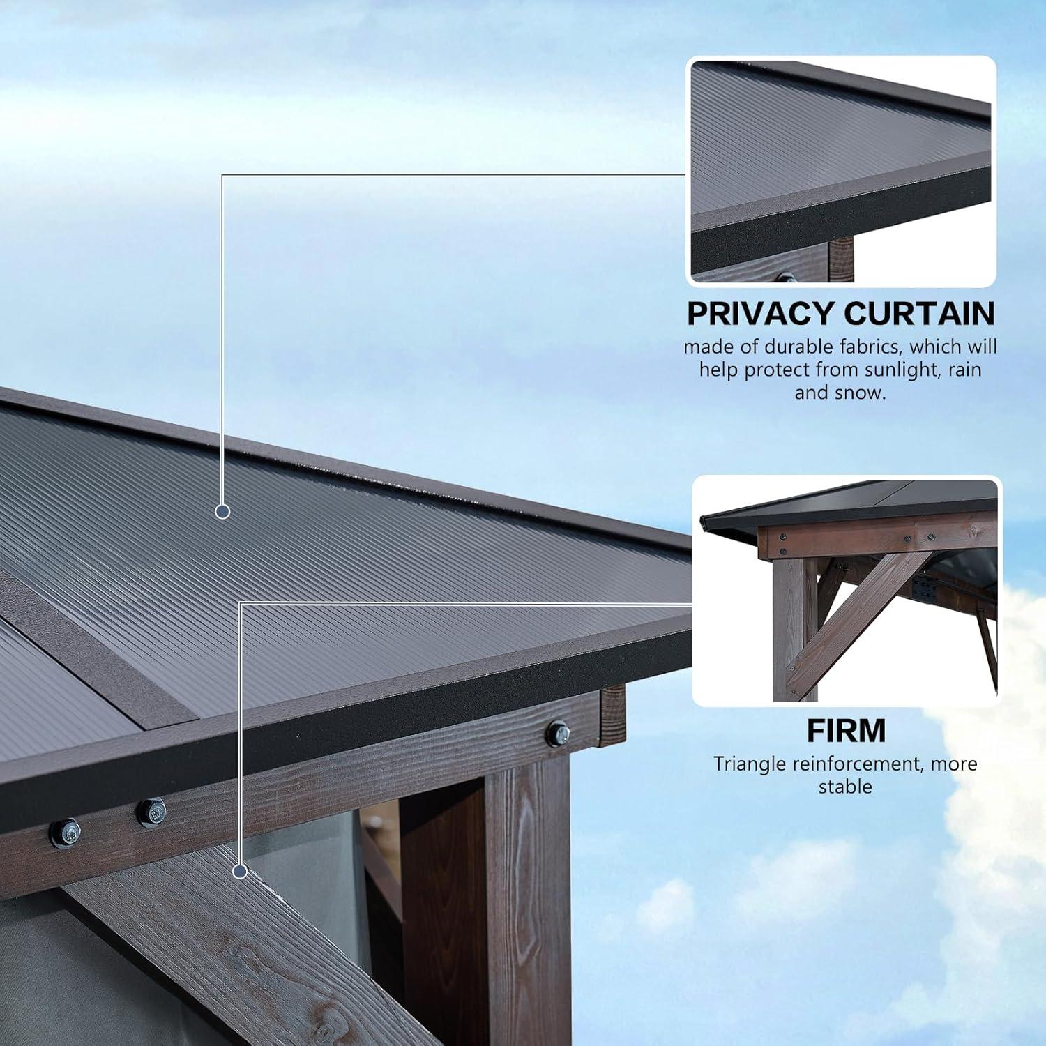 Large Brown and Black Solid Wood Gazebo with Polycarbonate Roof