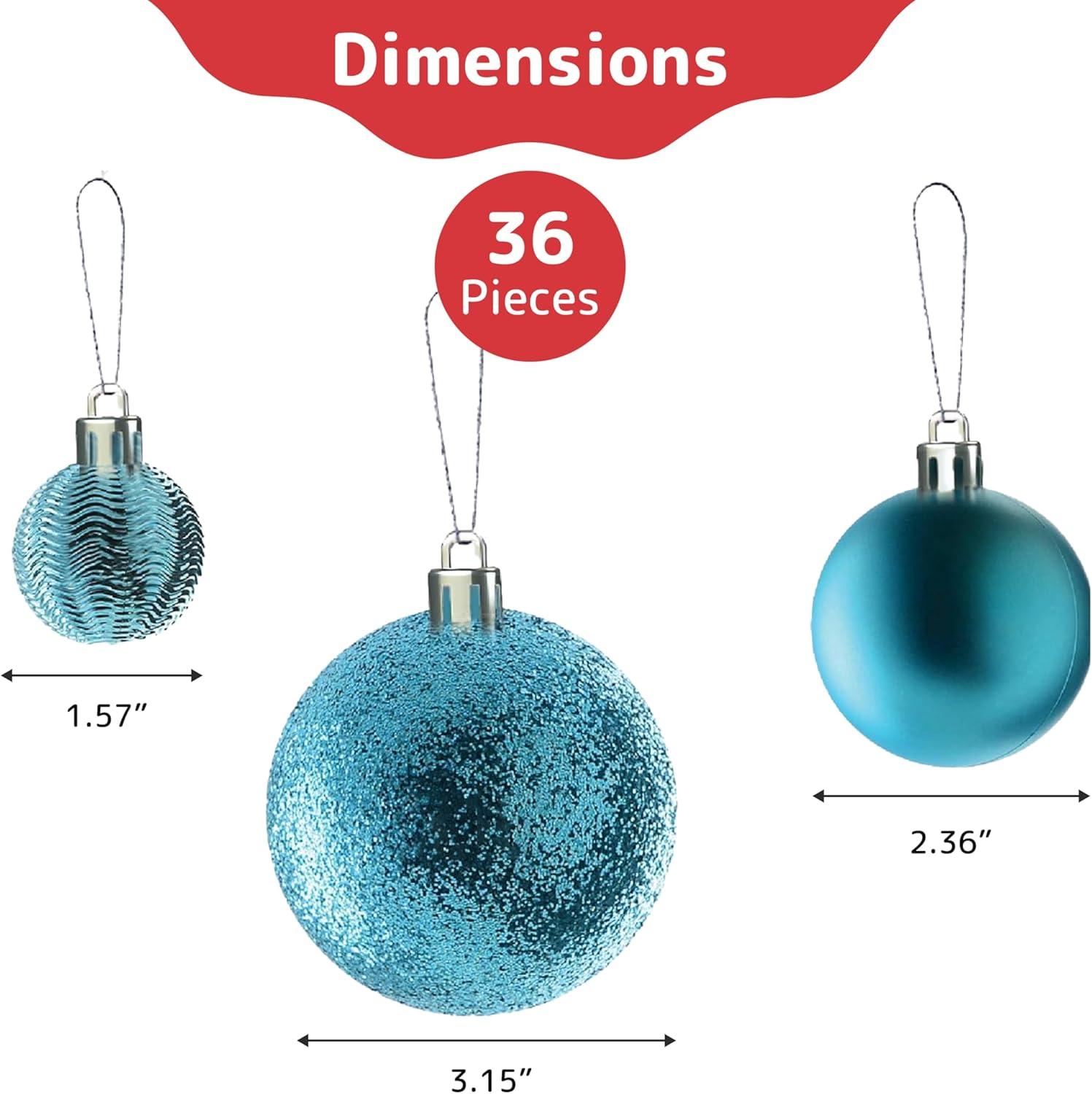 Prextex Blue Christmas Ball Ornaments for Christmas Decorations - 36 Pieces Xmas Tree Shatterproof Ornaments with Hanging Loop for Holiday and Party Decoration (Combo of 6 Styles in 3 Sizes)