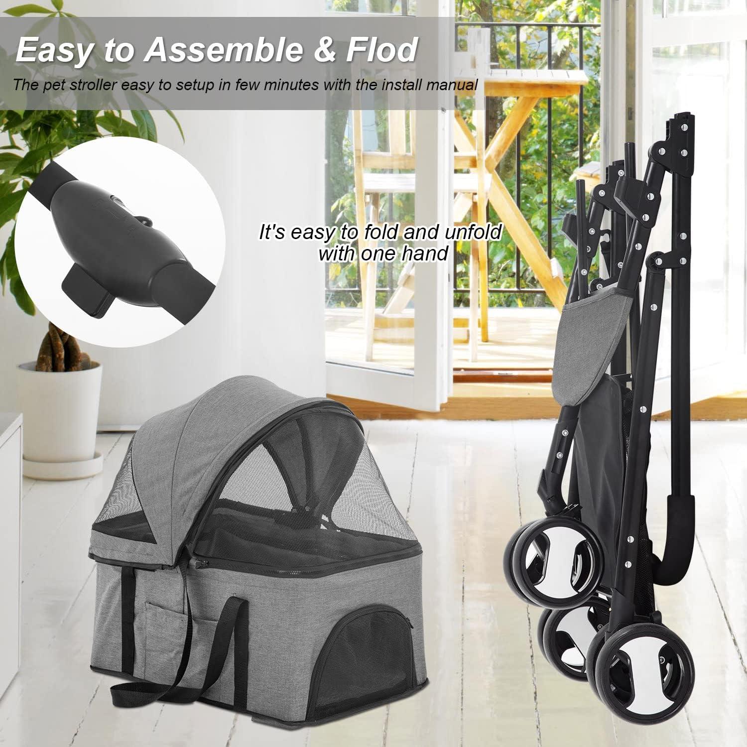 Gray 3-in-1 Multifunction Pet Stroller with Detachable Carrier