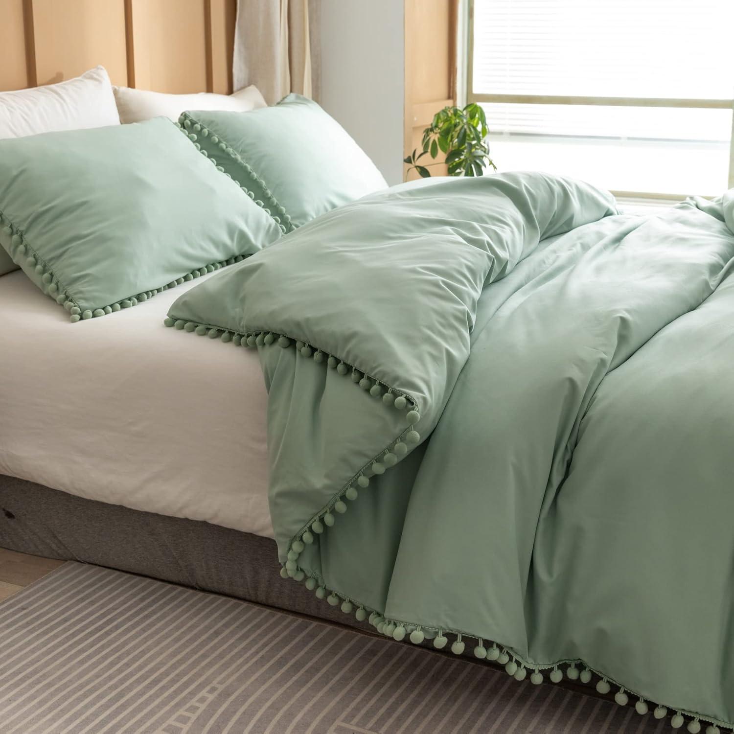 SPRINDAY Queen Comforter Set For Adult, 3 Piece Ruffle Green Comforter Sets All Season