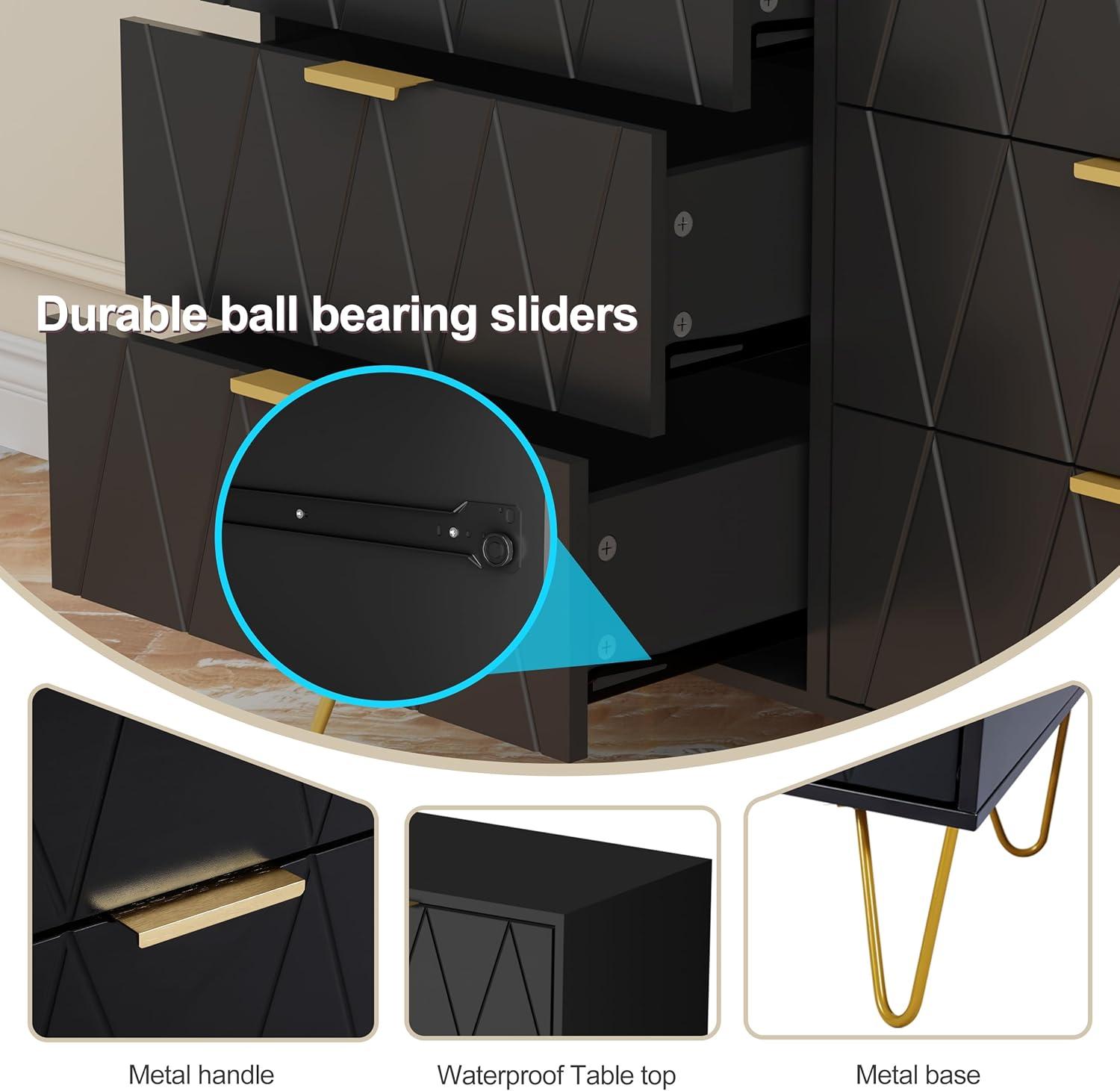 UEV Black 6 Drawer Dresser, Modern Dresser Chest with Wide Drawers and Metal Handles, Wood Storage Chest of Drawers for Bedroom,Hallway,Entryway