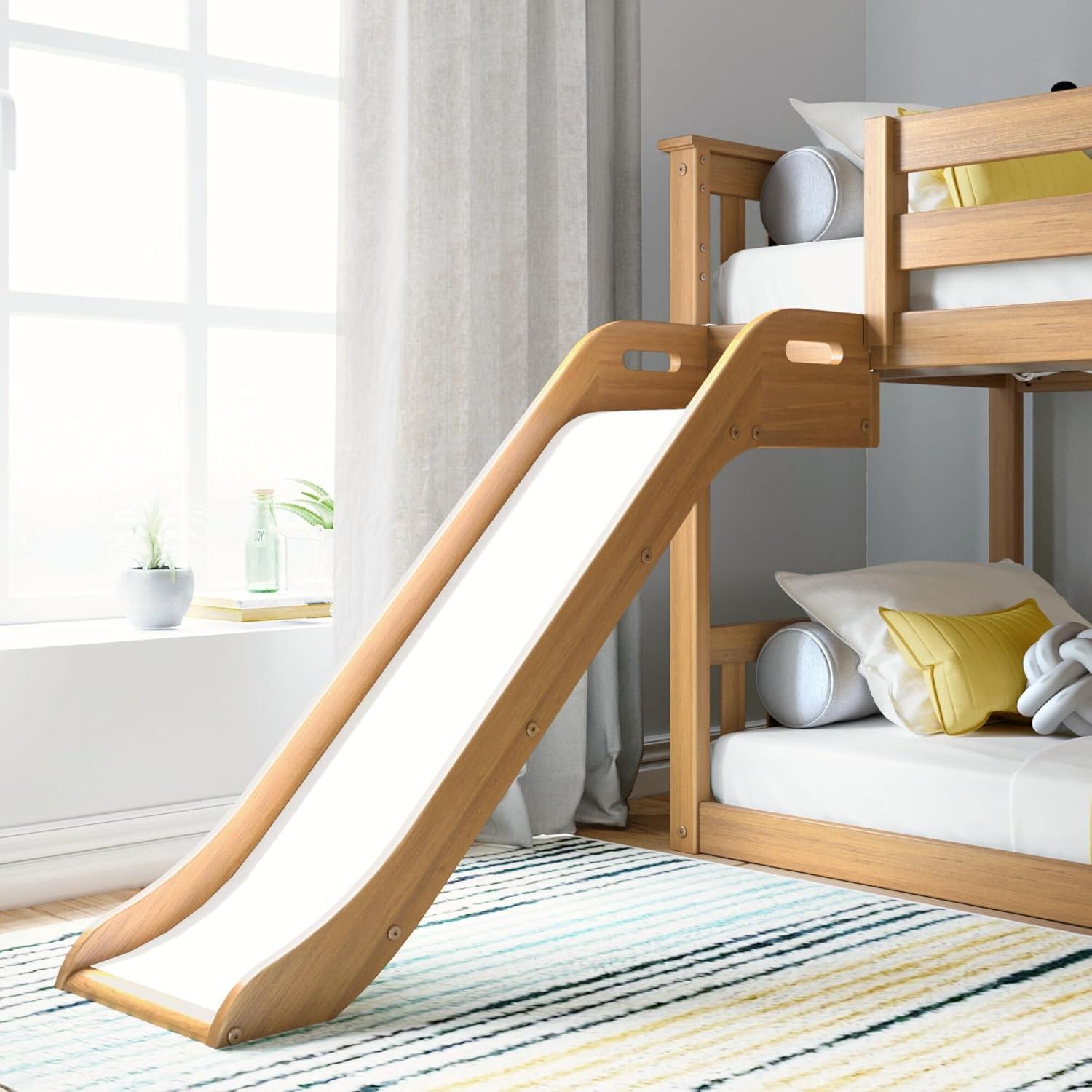 Max & Lily Twin Over Twin Low Bunk Bed with Slide, Solid Wood Kids Platform Bed with 14” Guardrails, Pecan