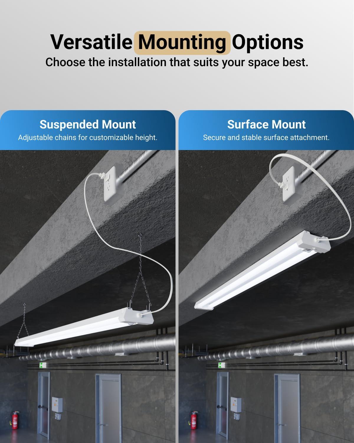 Sunco Motion Sensor 4ft LED Shop Light, Garage Lights Ceiling LED Plug in Fixtures, 40W, 5000K Daylight, Frosted, Motion Activated, Linkable Suspension Mount, ETL 4 Pack
