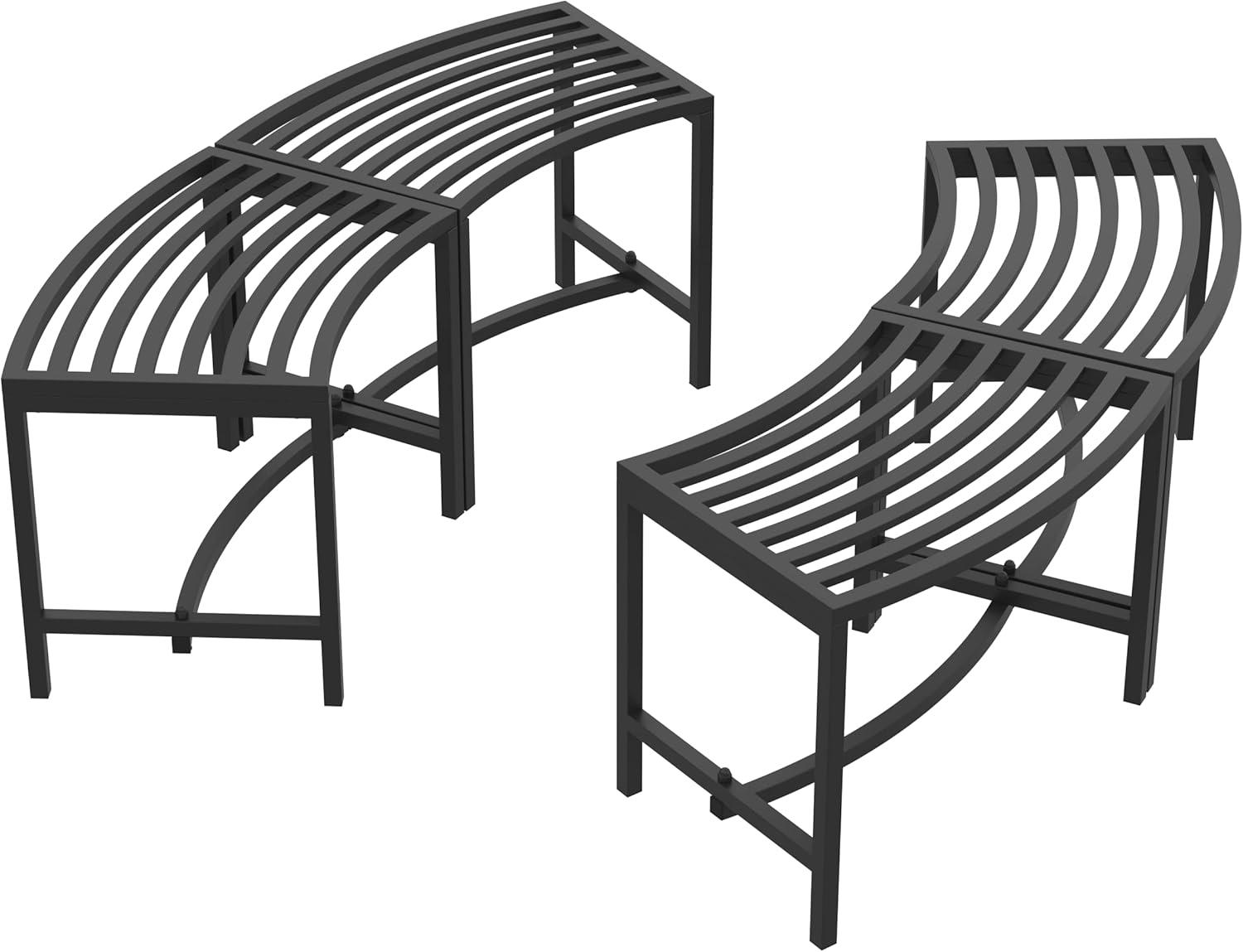 Metal Curved Fire Pit Bench Set of 4, Coated Black Metal Outdoor Stool Bench, Outdoor Fire Pit Seating, Steel Backless