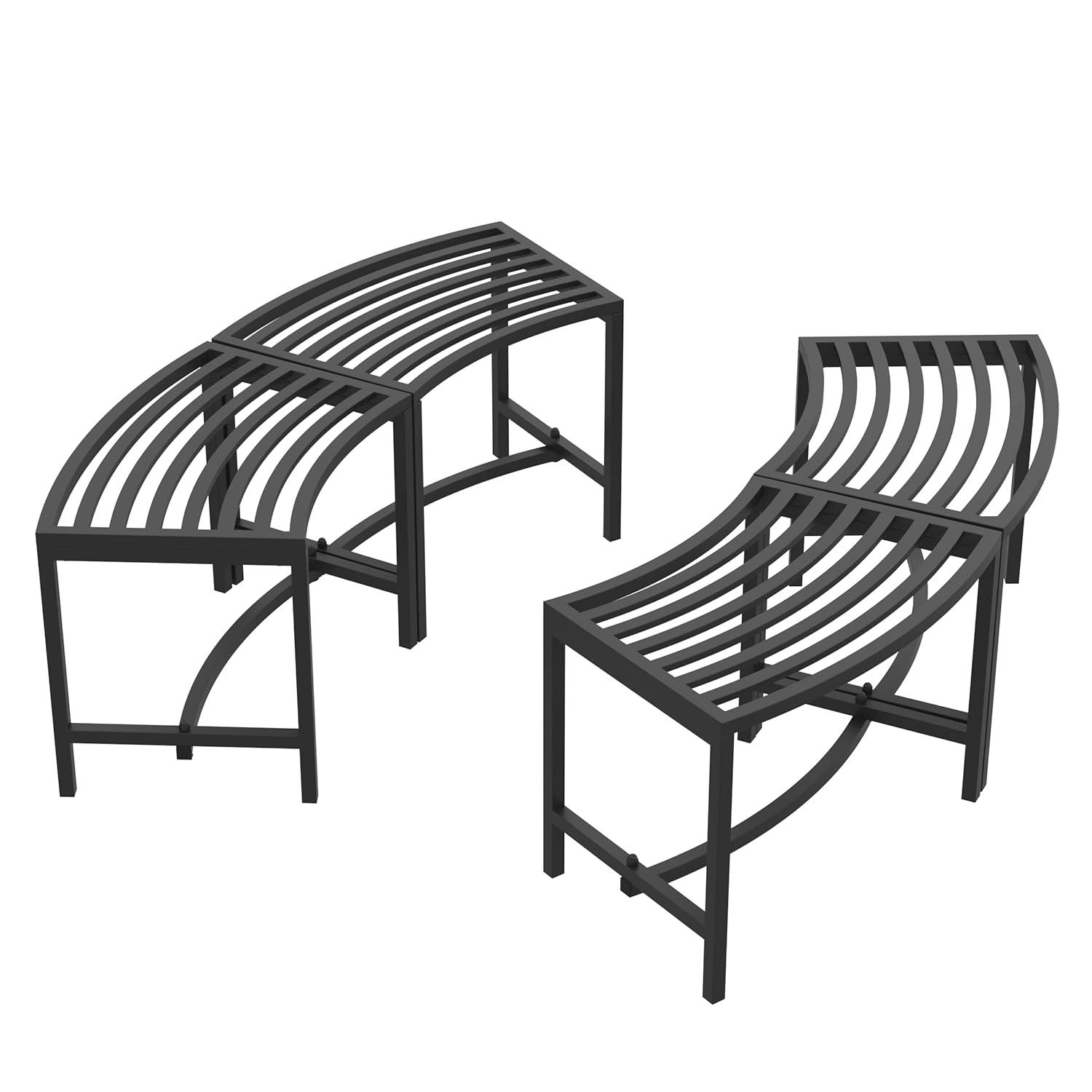 Metal Curved Fire Pit Bench Set of 4, Coated Black Metal Outdoor Stool Bench, Outdoor Fire Pit Seating, Steel Backless