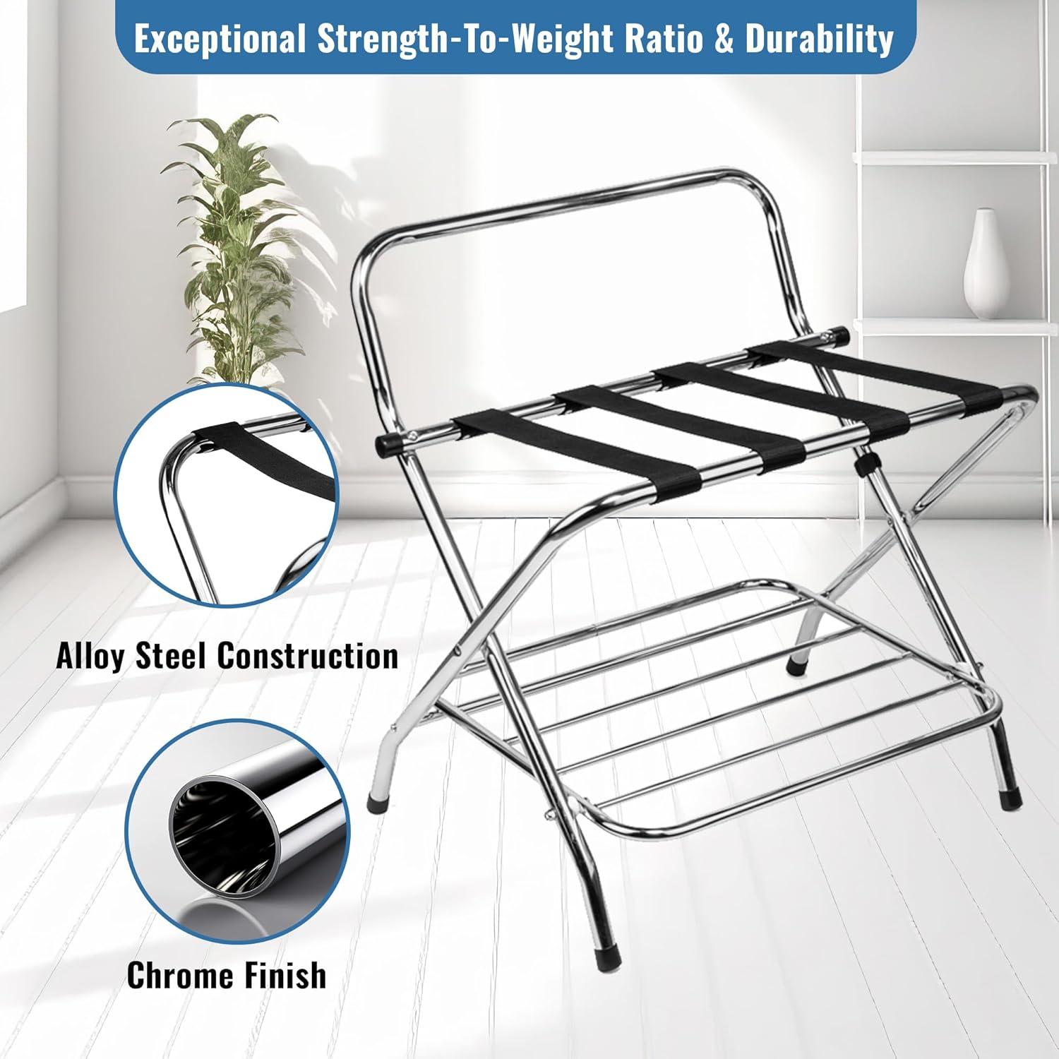 Chrome Foldable Luggage Rack with Nylon Straps and Rubber Feet