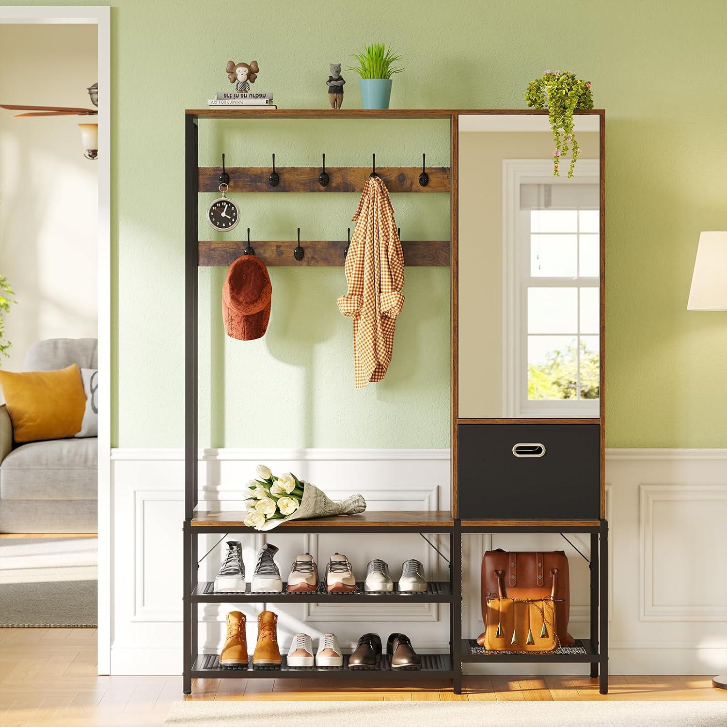 Rustic Brown Hall Tree with Mirror Cabinet and Shoe Storage