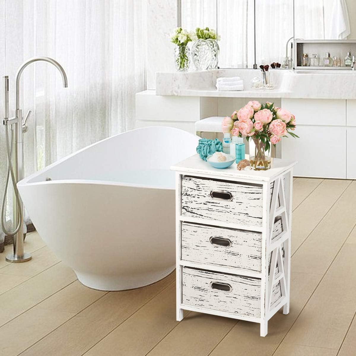 Giantex Storage Drawer Units W/ 3 Fabrics Storage Drawers and Wood Frame, Multiple Dresser Cabinet Chest Organizer Bins for Living Room, Bedroom Sofa Side End Table Vertical Dresser Storage Tower (1)