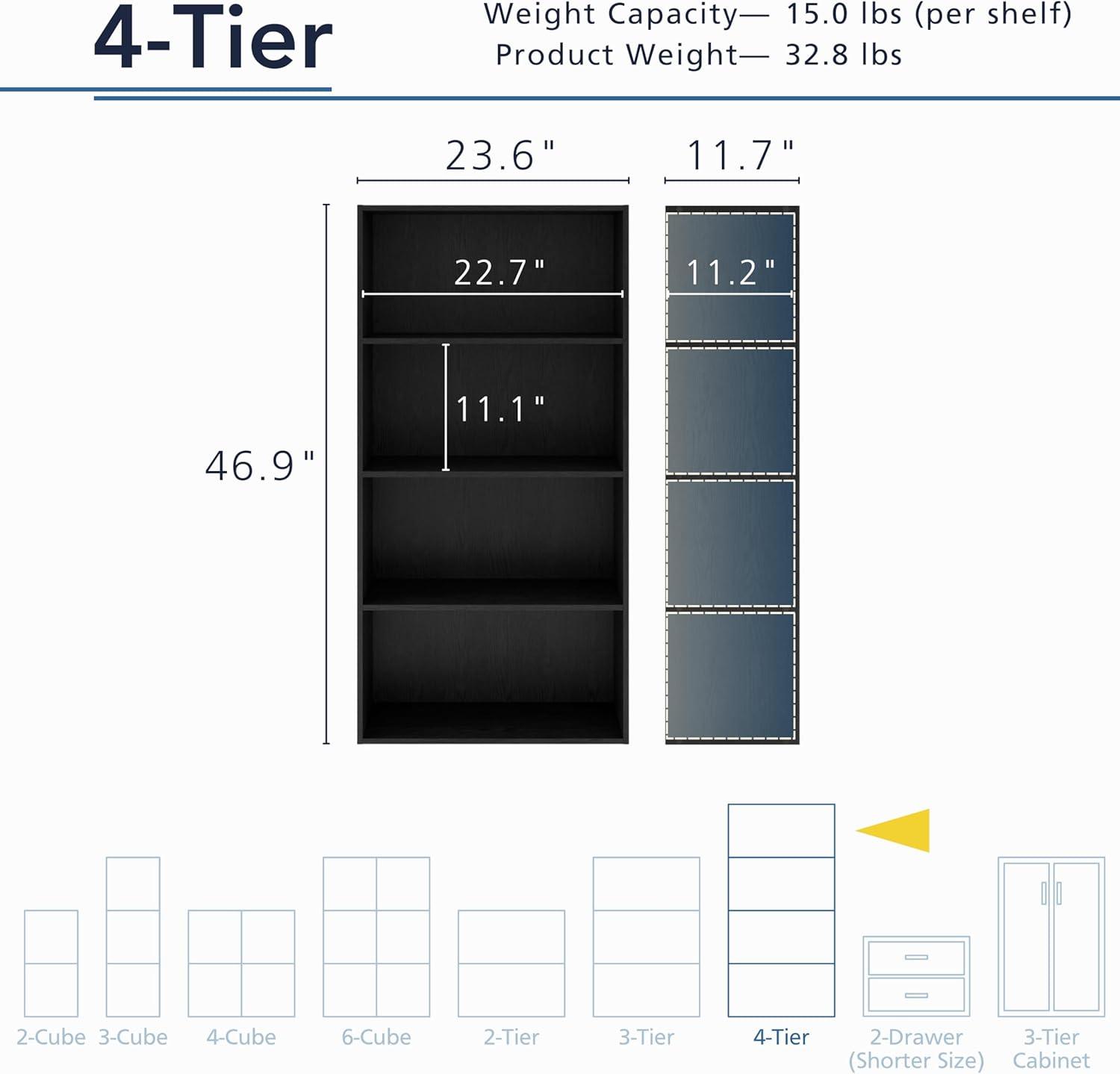 24/7 Shop At Home 47" Silkpath Modern 4 Tier Stackable and Modular Bookcase Black: Modular Organizer, MDF Wood