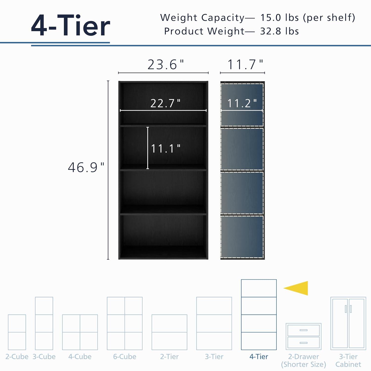 24/7 Shop At Home 47" Silkpath Modern 4 Tier Stackable and Modular Bookcase Black: Modular Organizer, MDF Wood