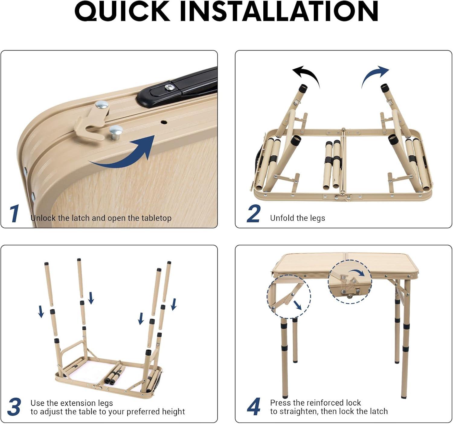 Small Folding Table 2FT Camping Table 3 Adjustable Height Lightweight Portable Aluminum Mini Foldable for Picnic Beach Indoor Outdoor, Yellow