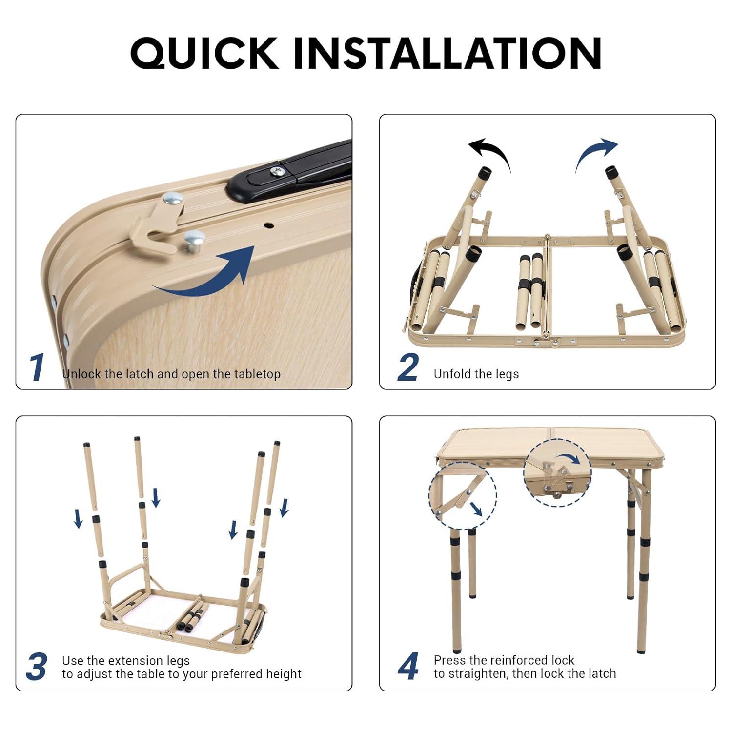 Small Folding Table 2FT Camping Table 3 Adjustable Height Lightweight Portable Aluminum Mini Foldable for Picnic Beach Indoor Outdoor, Yellow