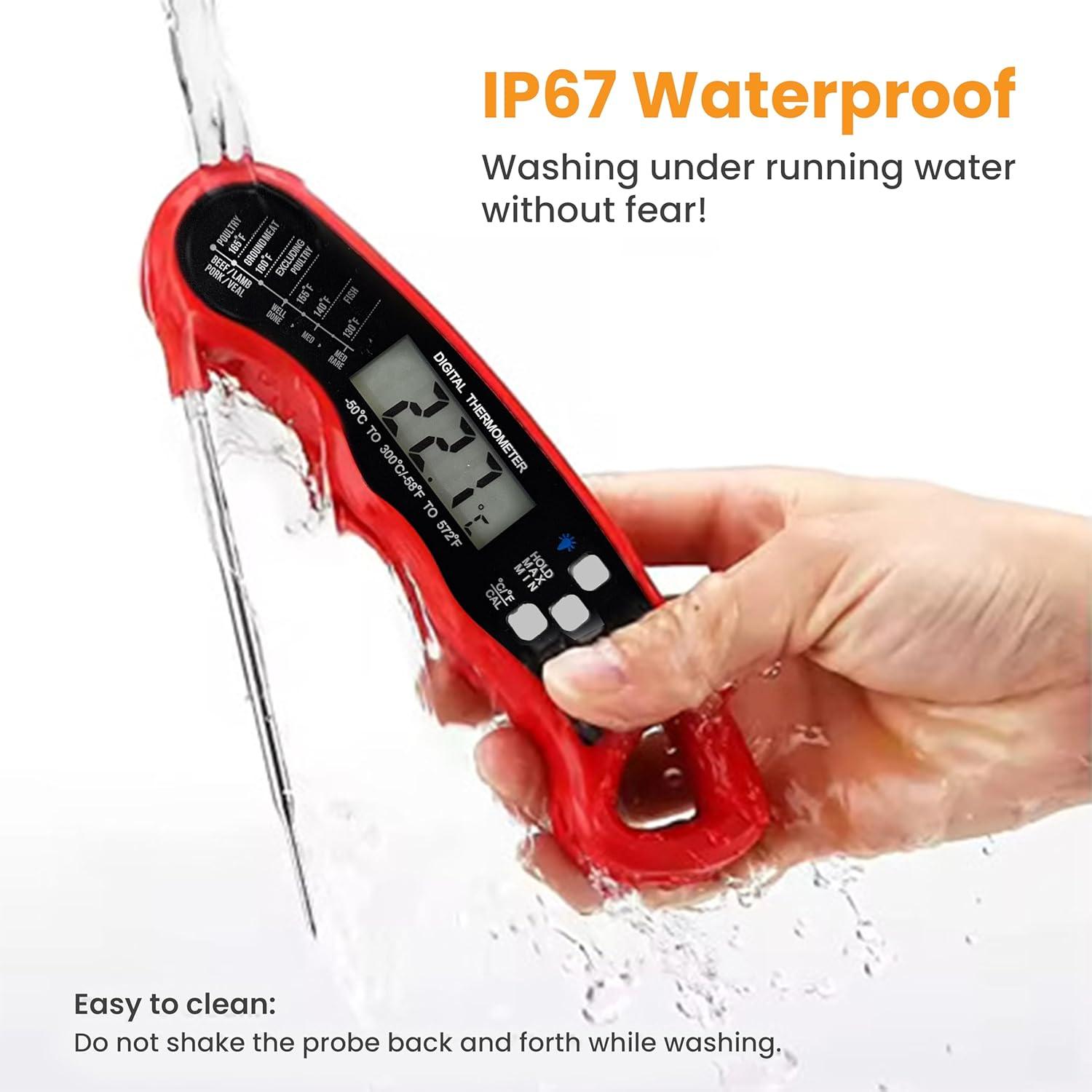 Digital Meat Thermometer for Grill/Cooking Fast Instant Read Waterproof Magnetic Probe Thermometer w/Backlight and Display for Kitchen, BBQ, Frying, etc. Chicken, Steak,or Burgers, Red