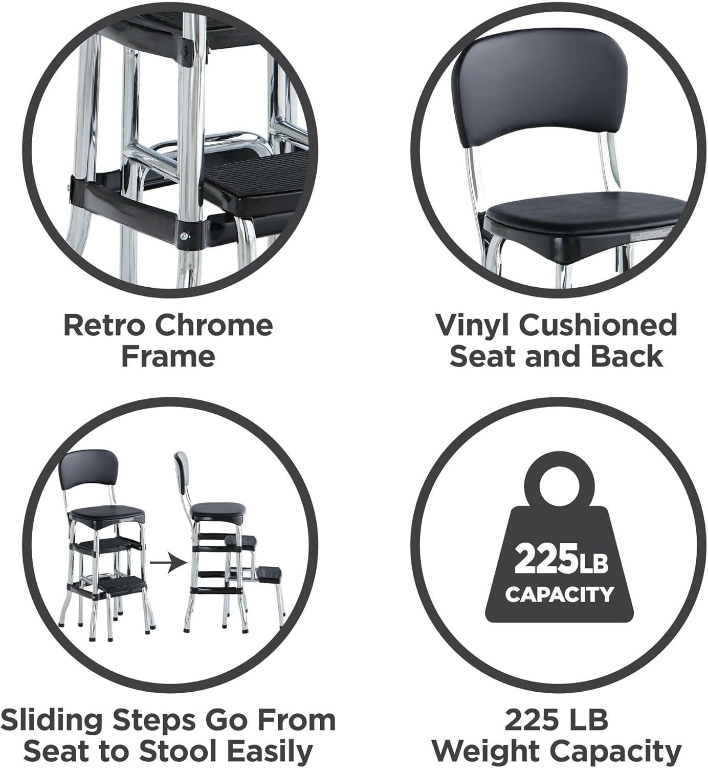 Stylaire Steel Retro Chair + Step Stool with Flip-Up Vinyl Seat