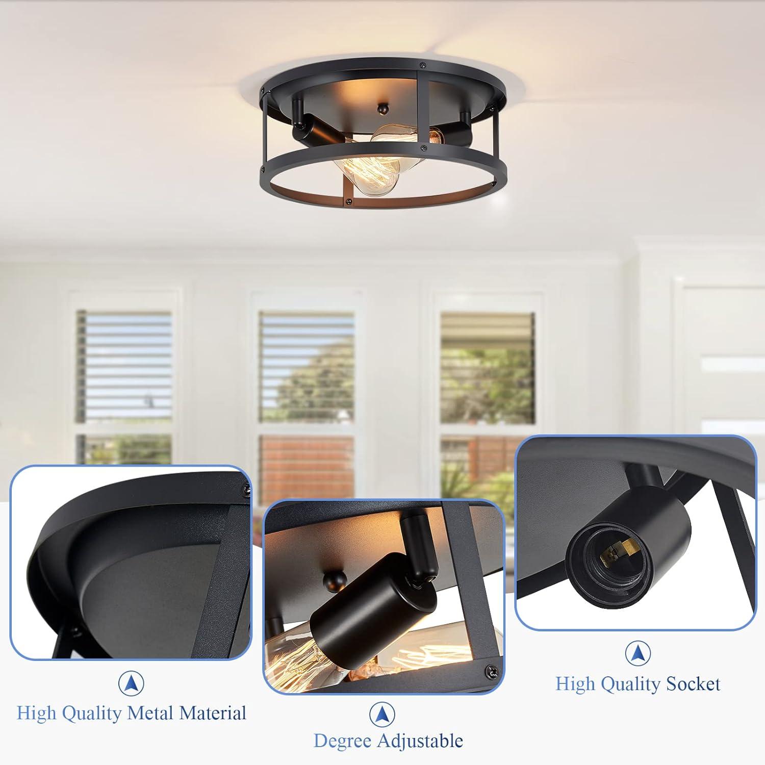 2-Light Industrial Flush Mount Ceiling Light Fixture,Black Farmhouse Ceiling Light Fixture,Modern Flush Mount Light Fixture for Kitchen Bedroom Living Room Hallway 2 Pack