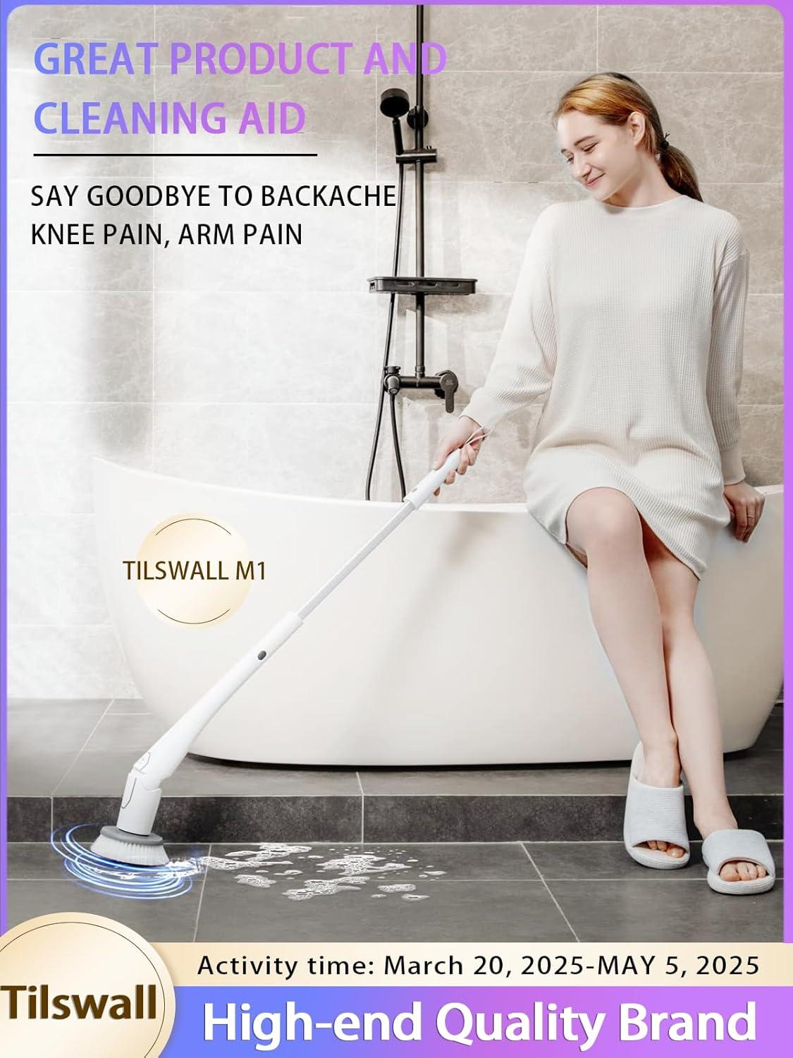 Tilswall Cordless Electric Spin Scrubber - IPX7 Waterproof Cleaning Brush with 180Min Runtime & 43" Extendable Handle, Ideal Gift for Home/Bathroom/Car (Includes 4 Brush Heads)