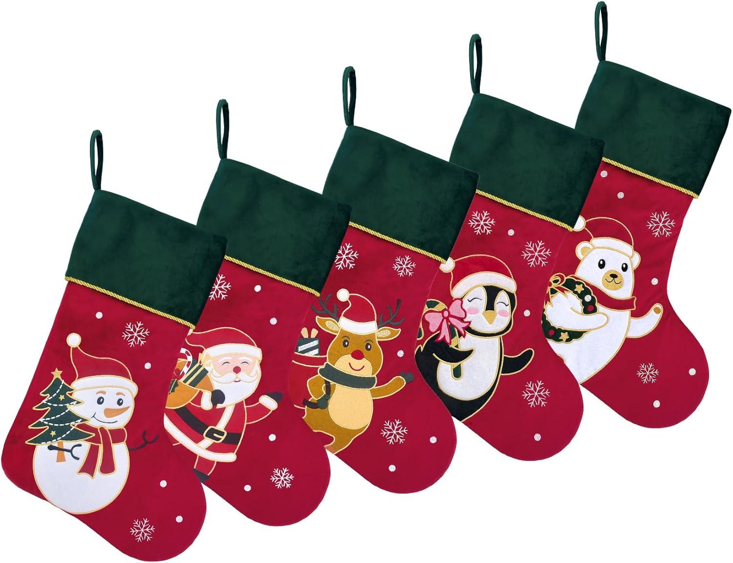 Large Red Velvet Christmas Stockings with Green Cuff, Set of 5