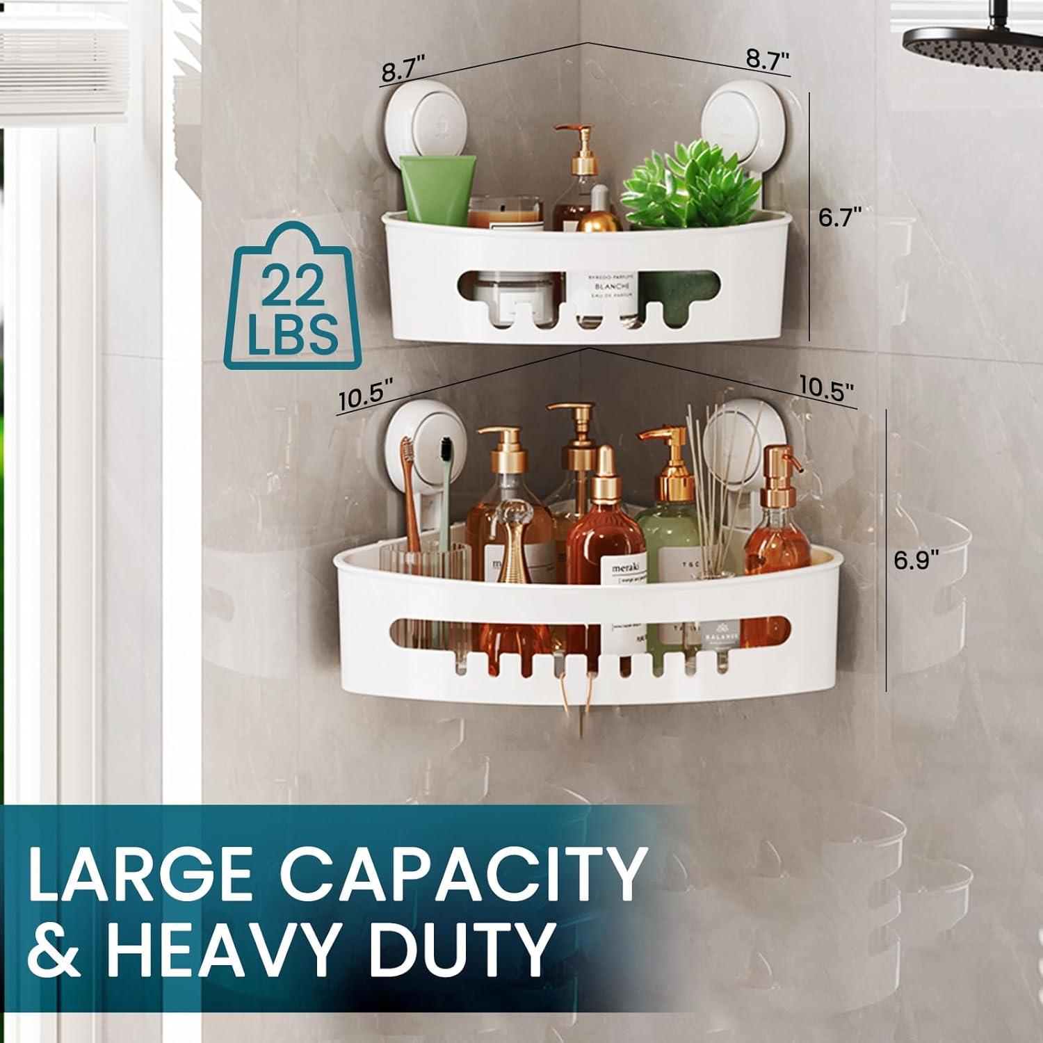 Shower Caddy Suction Cup 2 Pack With Hooks & Soap Holder, Heavy Duty Shower Organizer For Bathroom