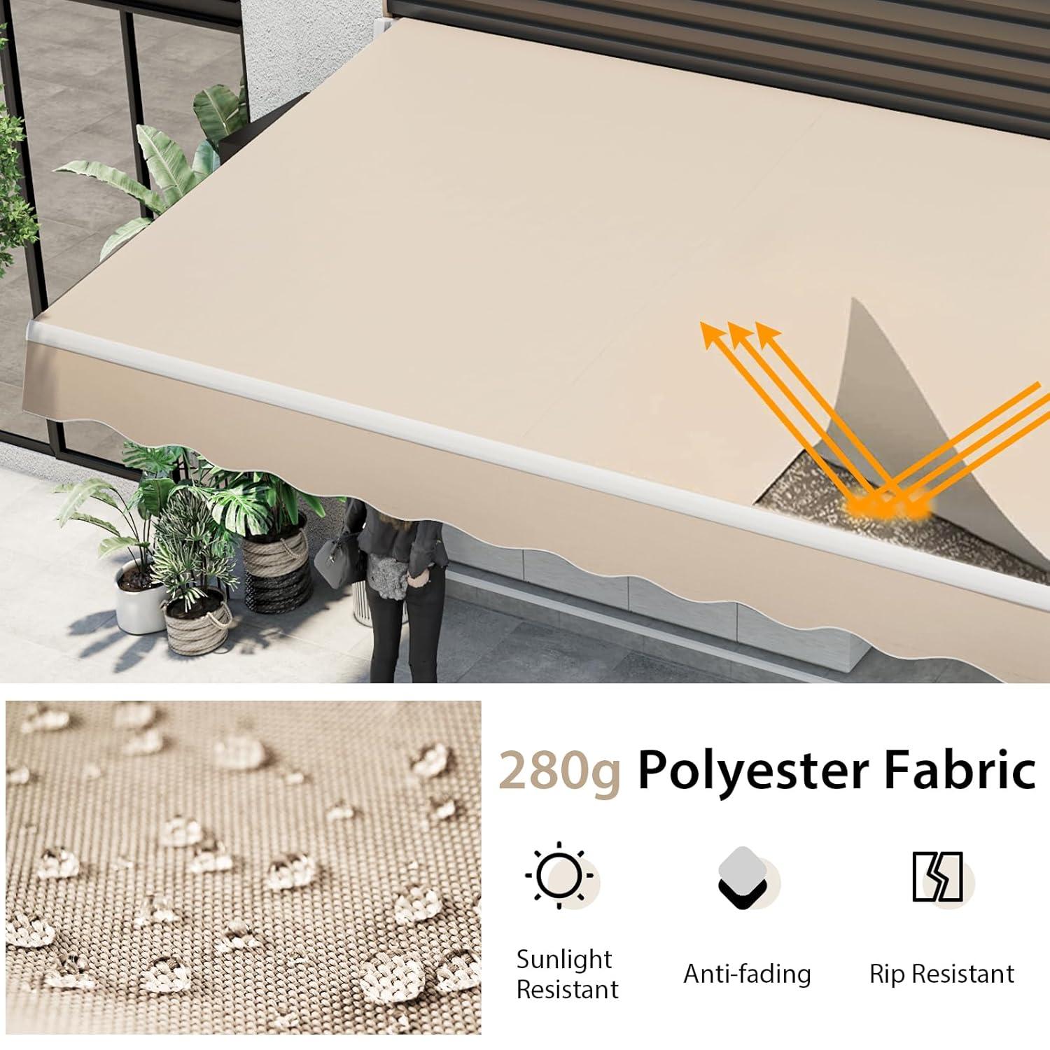 Gymax 10 x 8.2 ft Outdoor Patio Retractable Awning Polyester Sunshade Cover w/ Manual Crank Handle Deck Beige