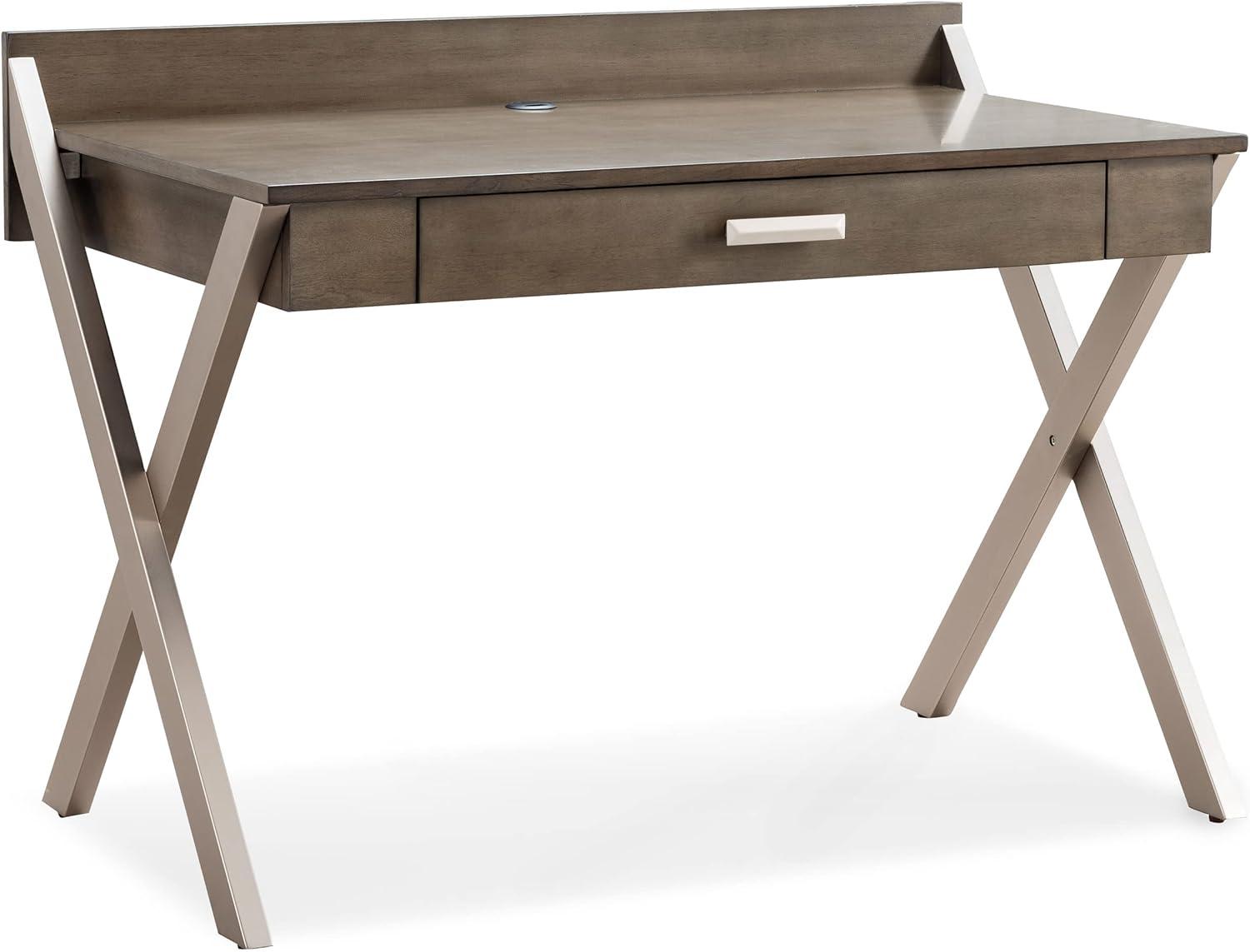 Modern Smoke Gray Wood and Silver Metal Desk with Keyboard Tray