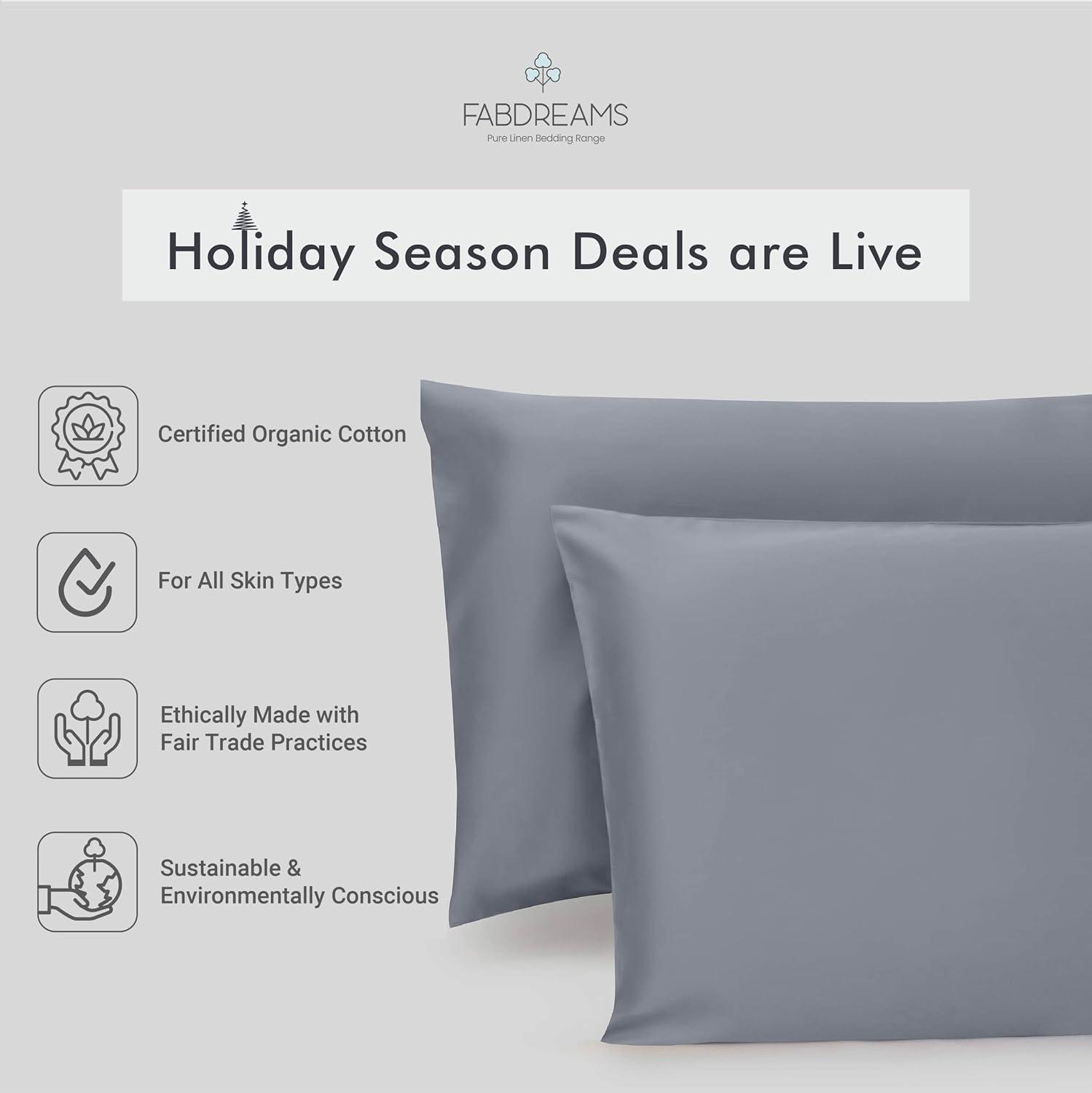 Fabdreams 400 Thread Count Certified Organic Cotton Sateen Pillowcase Set (King, Light Grey)