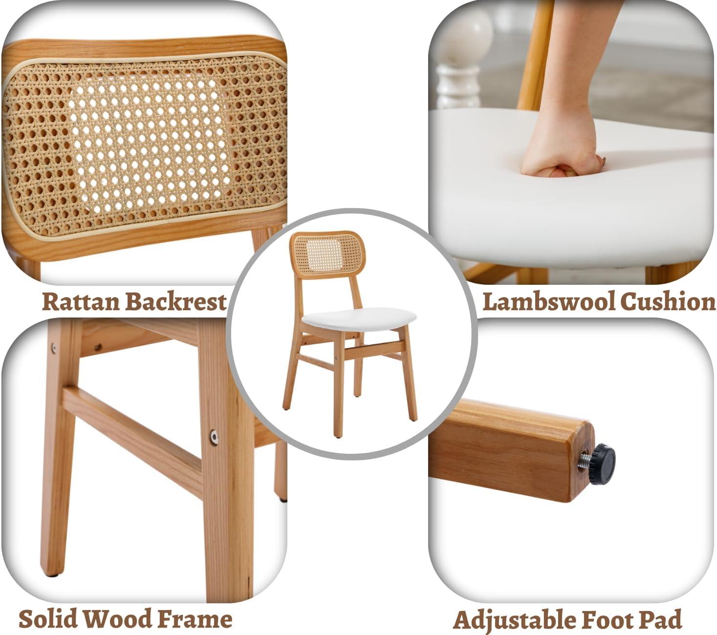 Upholstered Faux Leather Seat Rattan Back Dining Chair, Solid Wood Frame Side Chair For Living Room