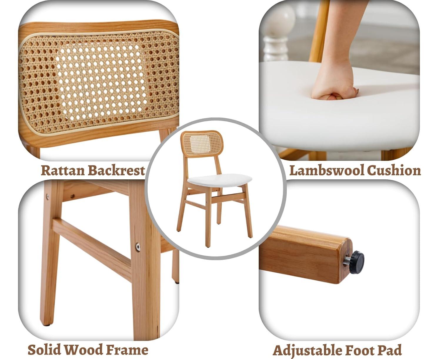 Upholstered Faux Leather Seat Rattan Back Dining Chair, Solid Wood Frame Side Chair For Living Room