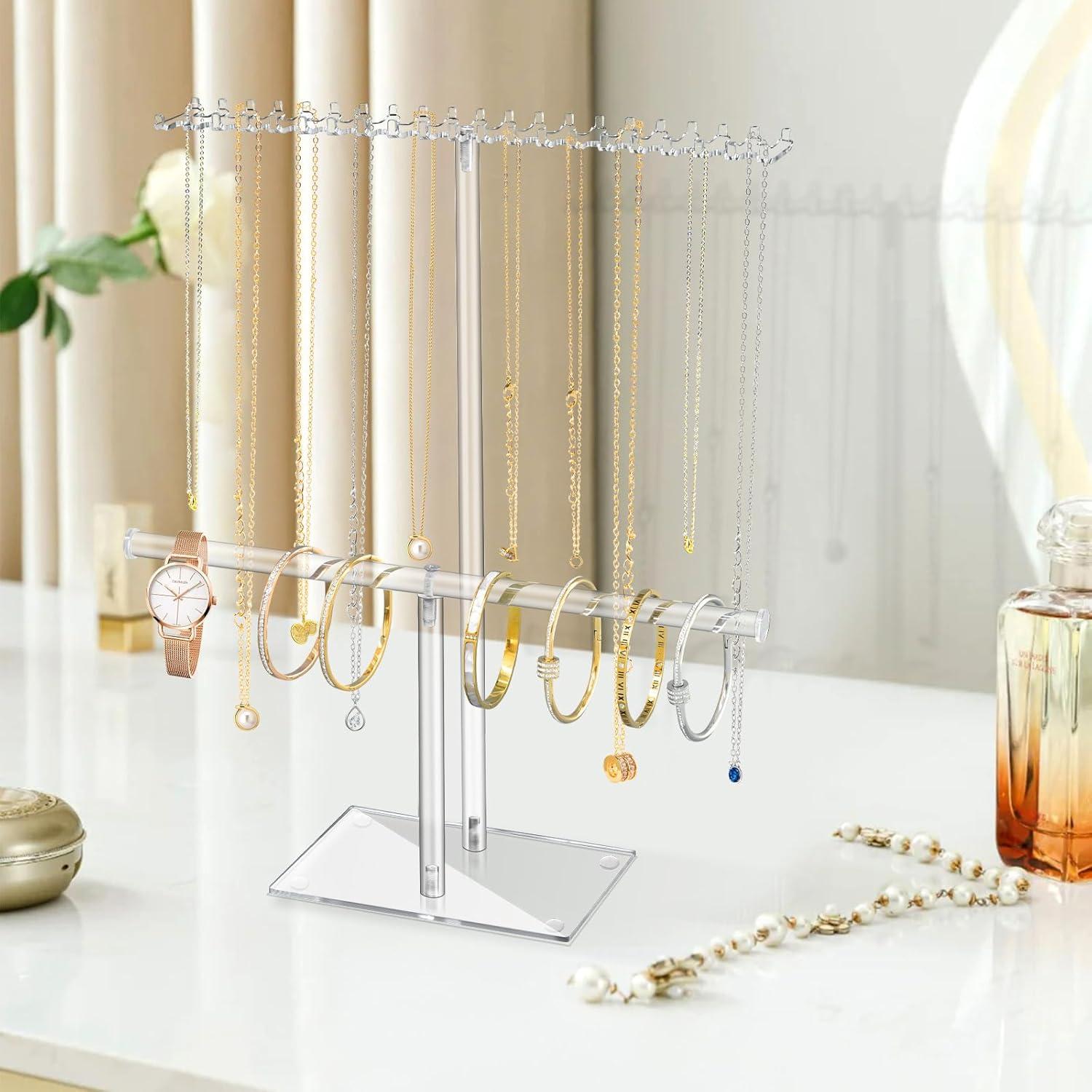 Premium Jewelry Stand , Solid Clear 2-Tier Acrylic Jewelry Organizer Stand & Bracelet holder Stand for Necklace Display, Ring & Watch Display