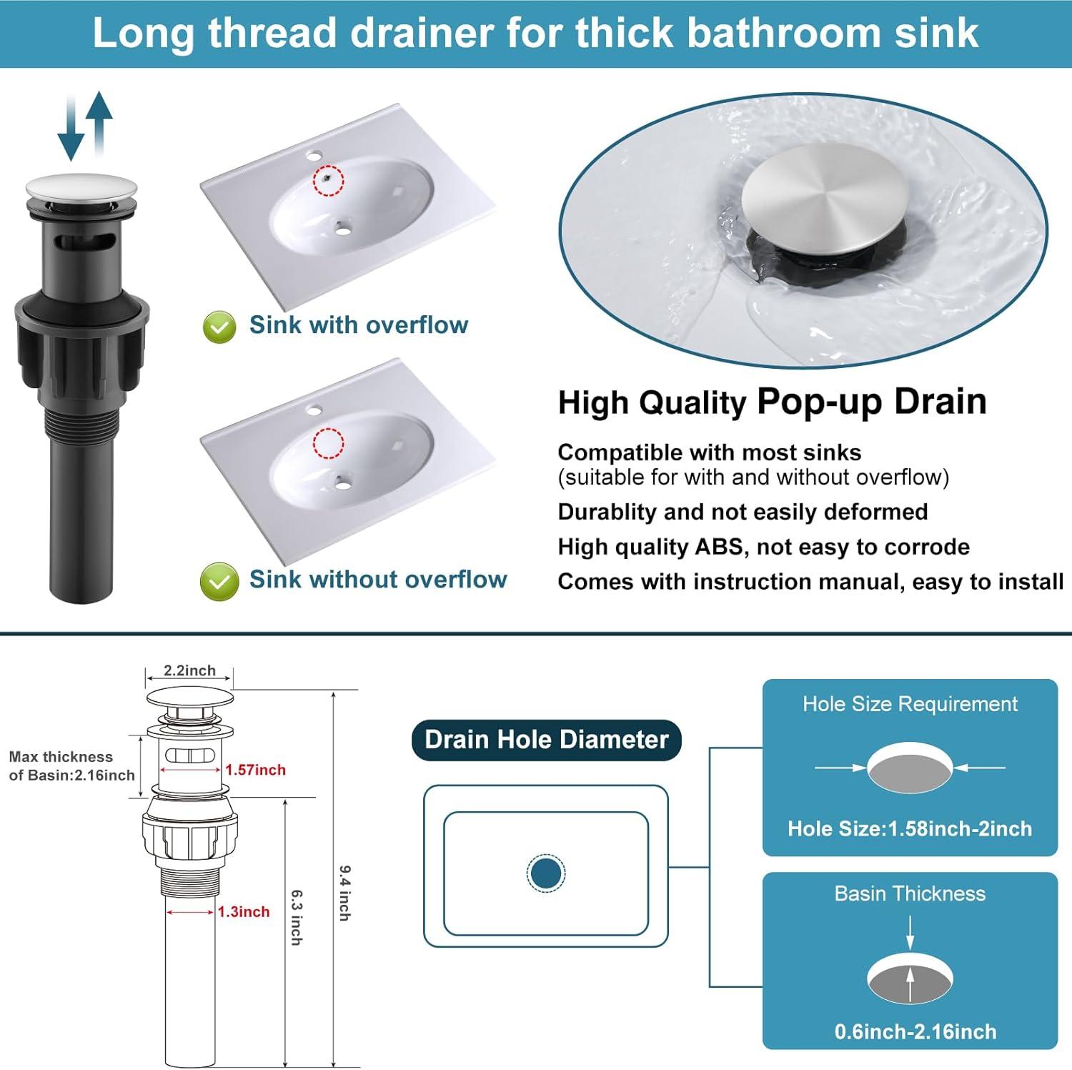 Midanya Bathroom Sink Faucet 1 Hole Single Handle Deck Mount Lavatory Bathroom Faucet Include Cover Plate Stainless Steel Commercial,with Pop Up Drain,Brushed Nickel