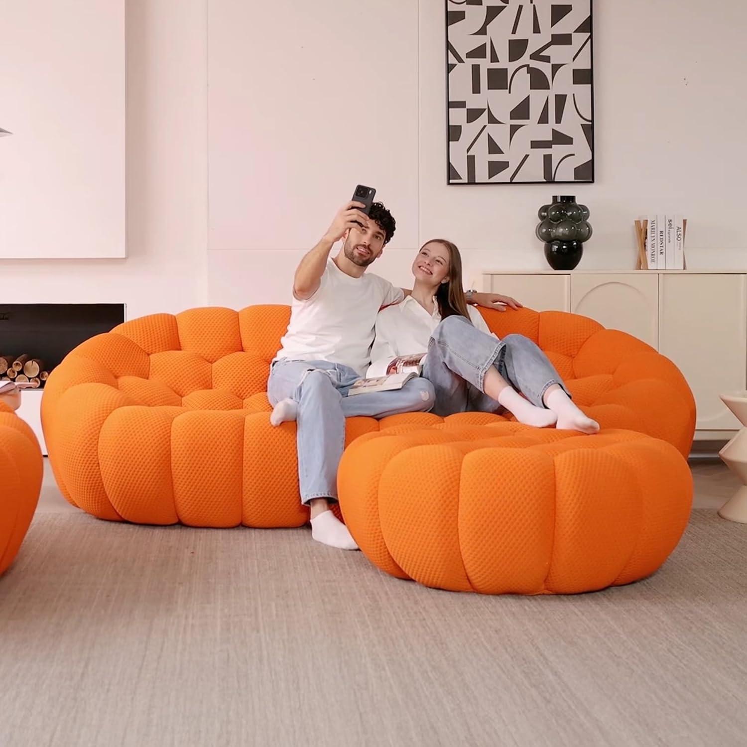 Bubble Couch, 98.43'' Modern 3-Seater Lazy Floor Couch, Memory Foam Bubble Round Sofa 3D Honeycomb Shape Curved Sofas for Living Room, Office, Apartment (Orange)