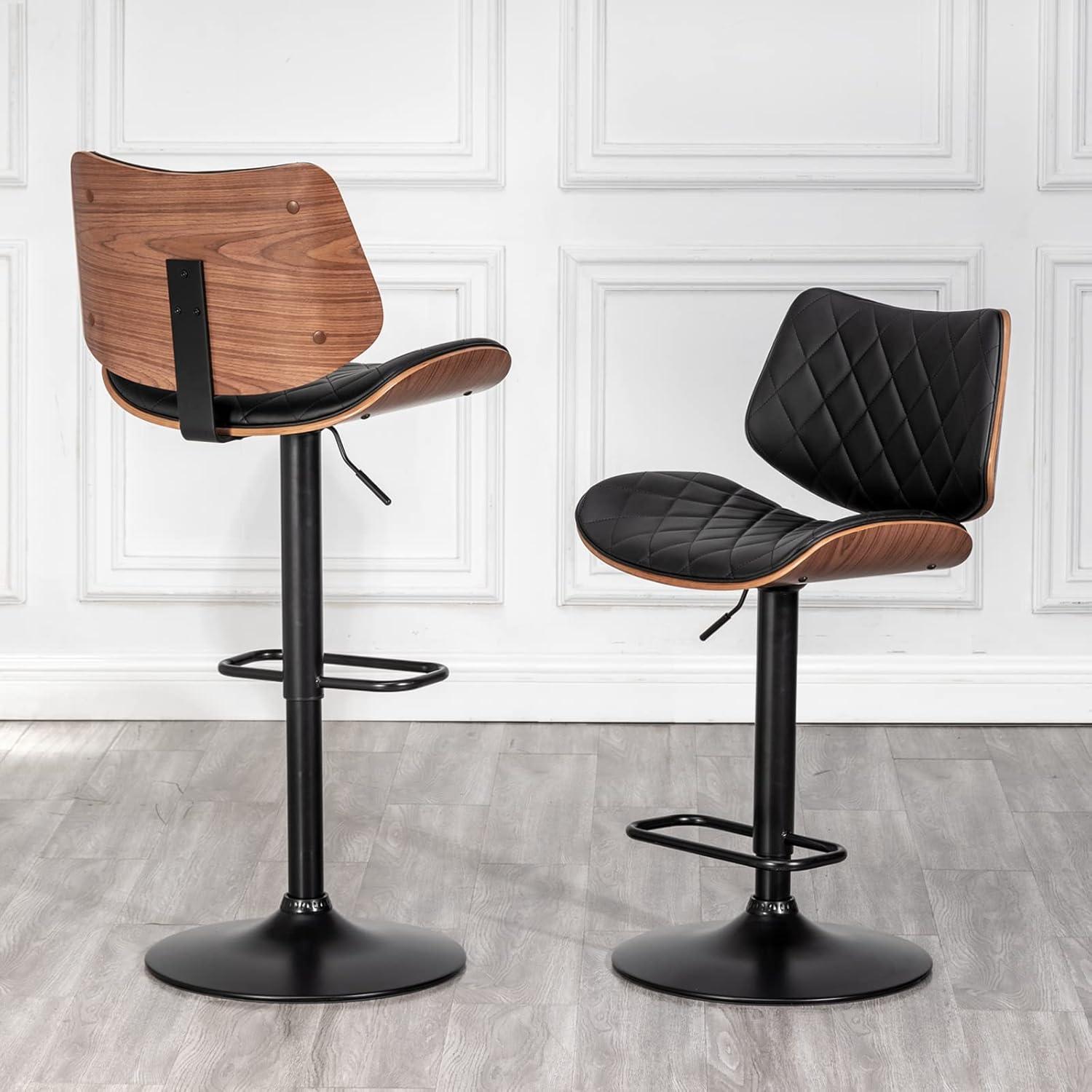 Adjustable Black Leather Swivel Bar Stool with Walnut Back