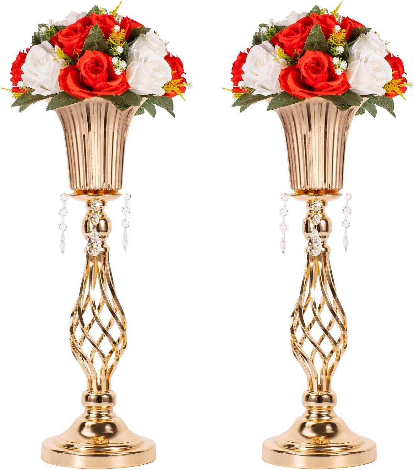 20.2in gold centerpieces for table wedding, 2Pcs wedding flower stand centerpieces for tables, Tall Metal Flower Vase Centerpieces for Party Events Birthday Home Decoration