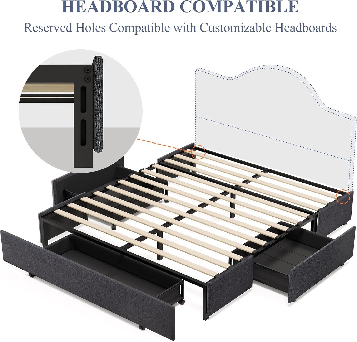 Amolife Base de Cama con Plataforma Tapizada Tamaño Queen con 3 Cajones de Almacenamiento, Gris Oscuro