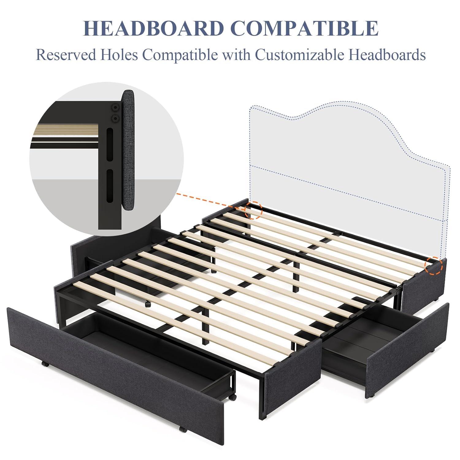 Amolife Base de Cama con Plataforma Tapizada Tamaño Queen con 3 Cajones de Almacenamiento, Gris Oscuro