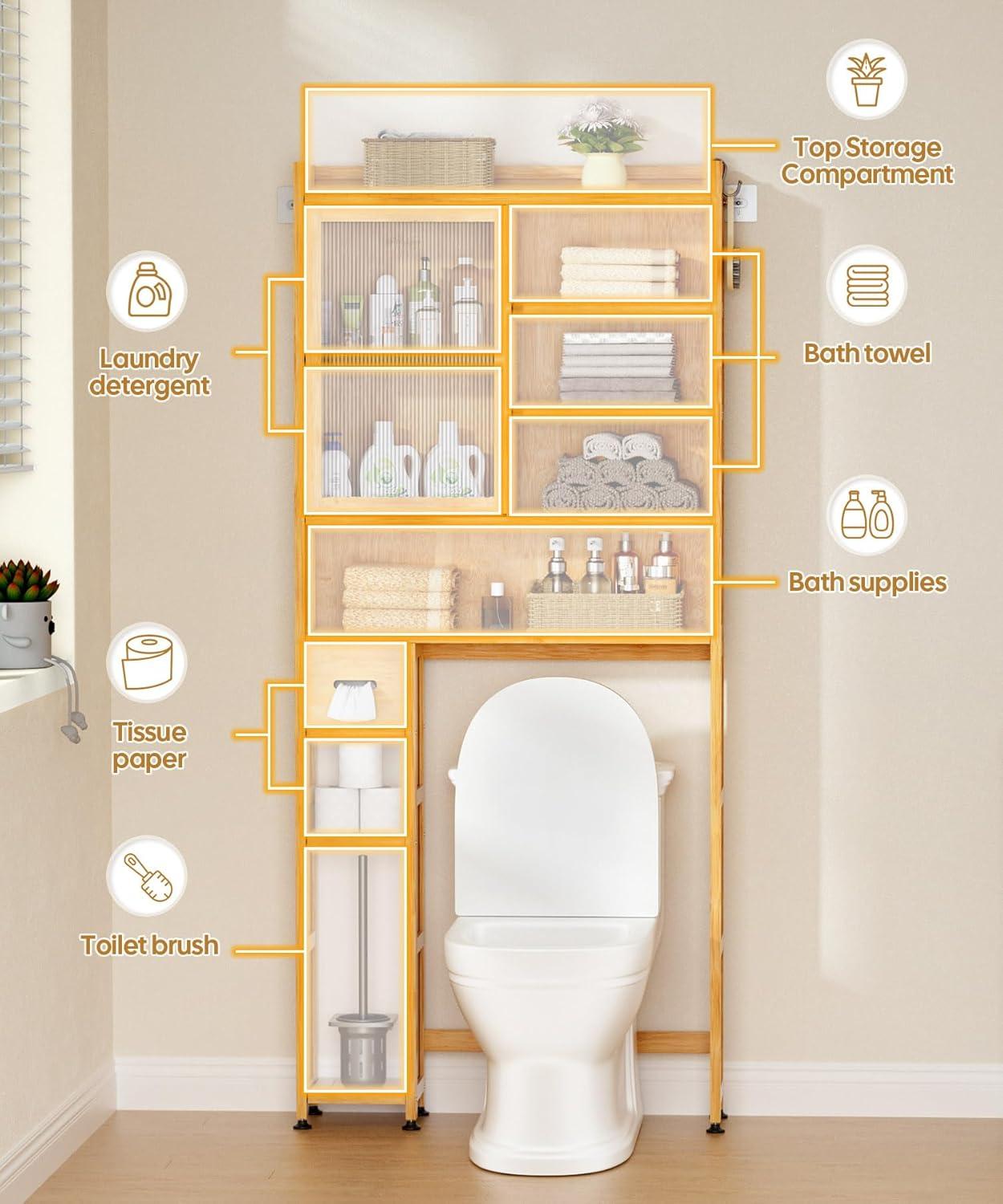 Latitude Run® Over The Toilet Storage Cabinet With Acrylic Door Panel And Paper Towel Drawer, Bamboo Space Saver Shelf, Bathroom Organizer Rack