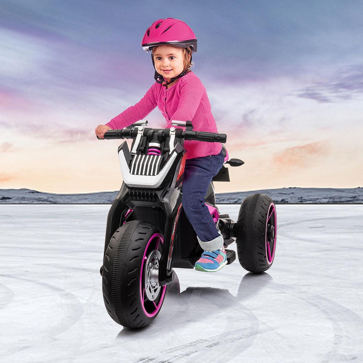 TOBBI 12V Kids Ride on Motorcycle Battery Powered Electric 3 Wheels Trike Motorcycle W/ Lights, Rose Red