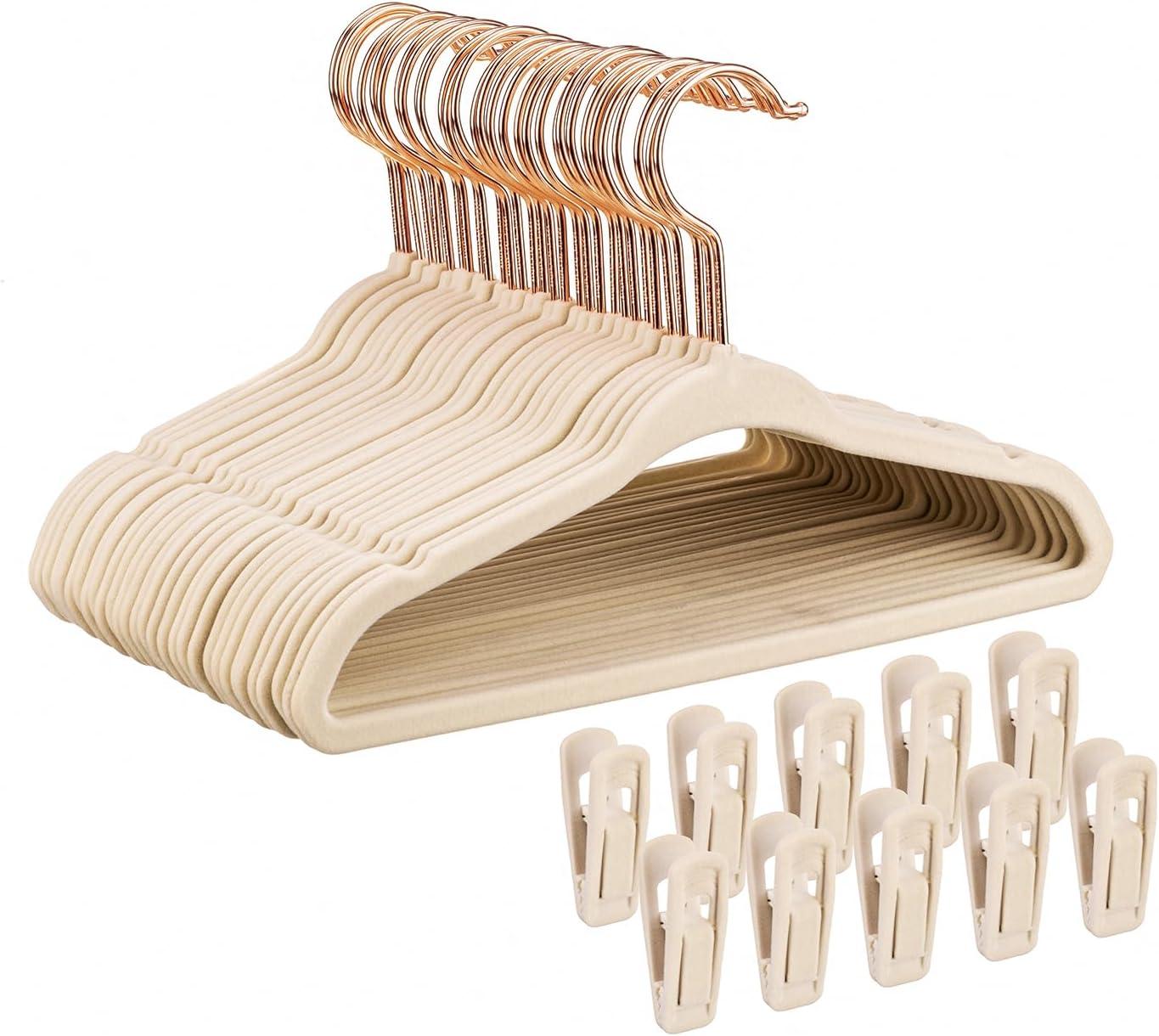 Beige Velvet Non-Slip Kids Hangers with Clips, 30-Pack