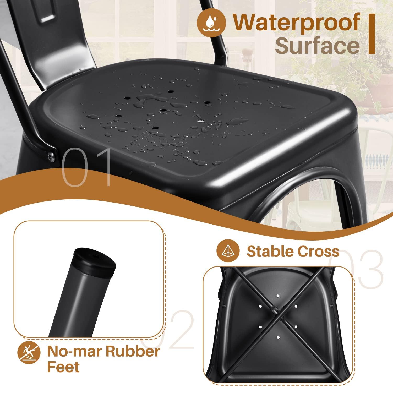 Iron Metal Dining Chairs Stackable Side Chairs Bar Chairs with Back Indoor/Outdoor Classic/Chic/Industrial/Vintage Bistro Trattoria Kitchen Restaurant Matte Black, Set of 4