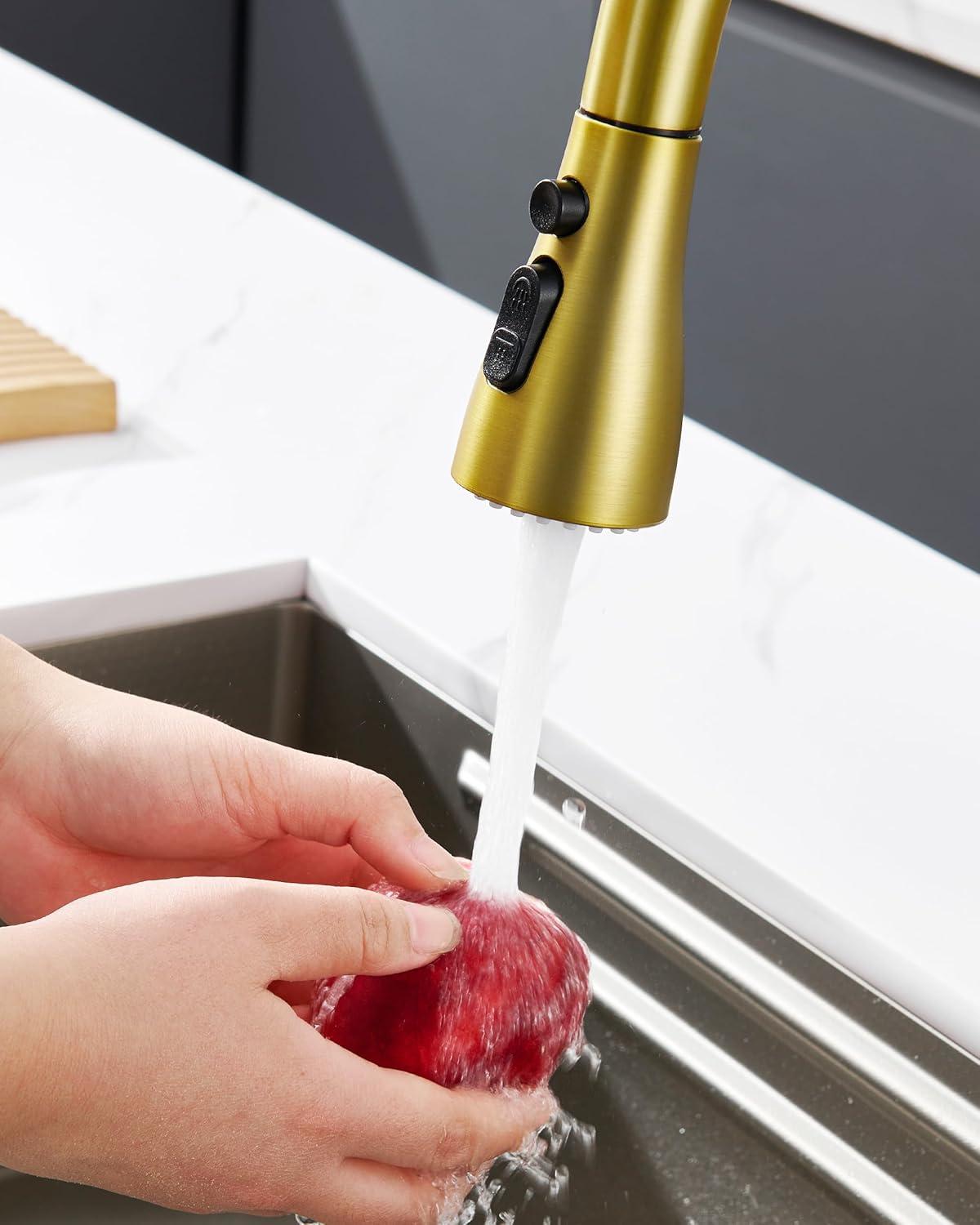 Kitchen Faucet Sprayer Head Replacement - Pull Down Faucet Spray Head with 11 Adapters, Pull Out Faucet Sprayer Nozzle, 3 Function Kitchen Tap Spray Spout Part Connector, Brushed Gold