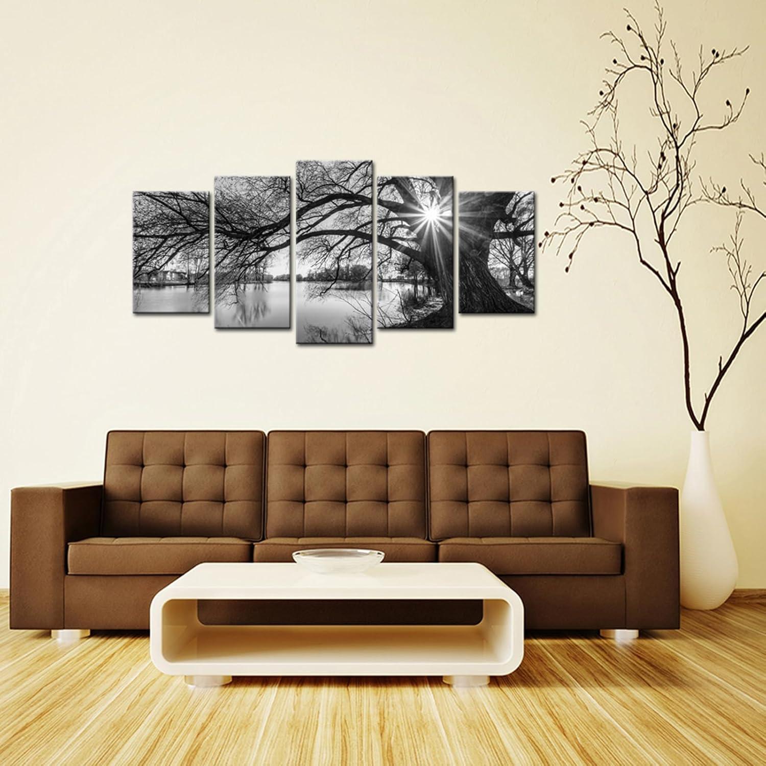 5 Pieces Wall Art Old Tree by Lake Picture Canvas Prints Sunrise Painting Black and White Landscape Canvas Art Modern Wall Decoration Framed and Ready to Hang