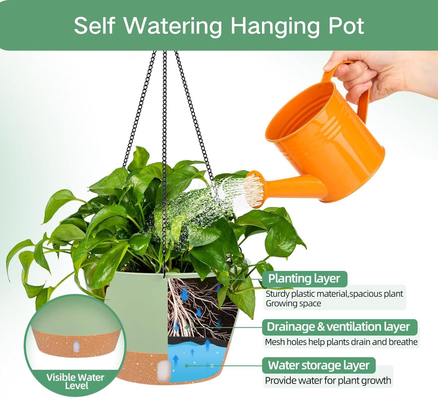 8-inch Green Plastic Hanging Planter with Self-Watering Reservoir, 2-Pack