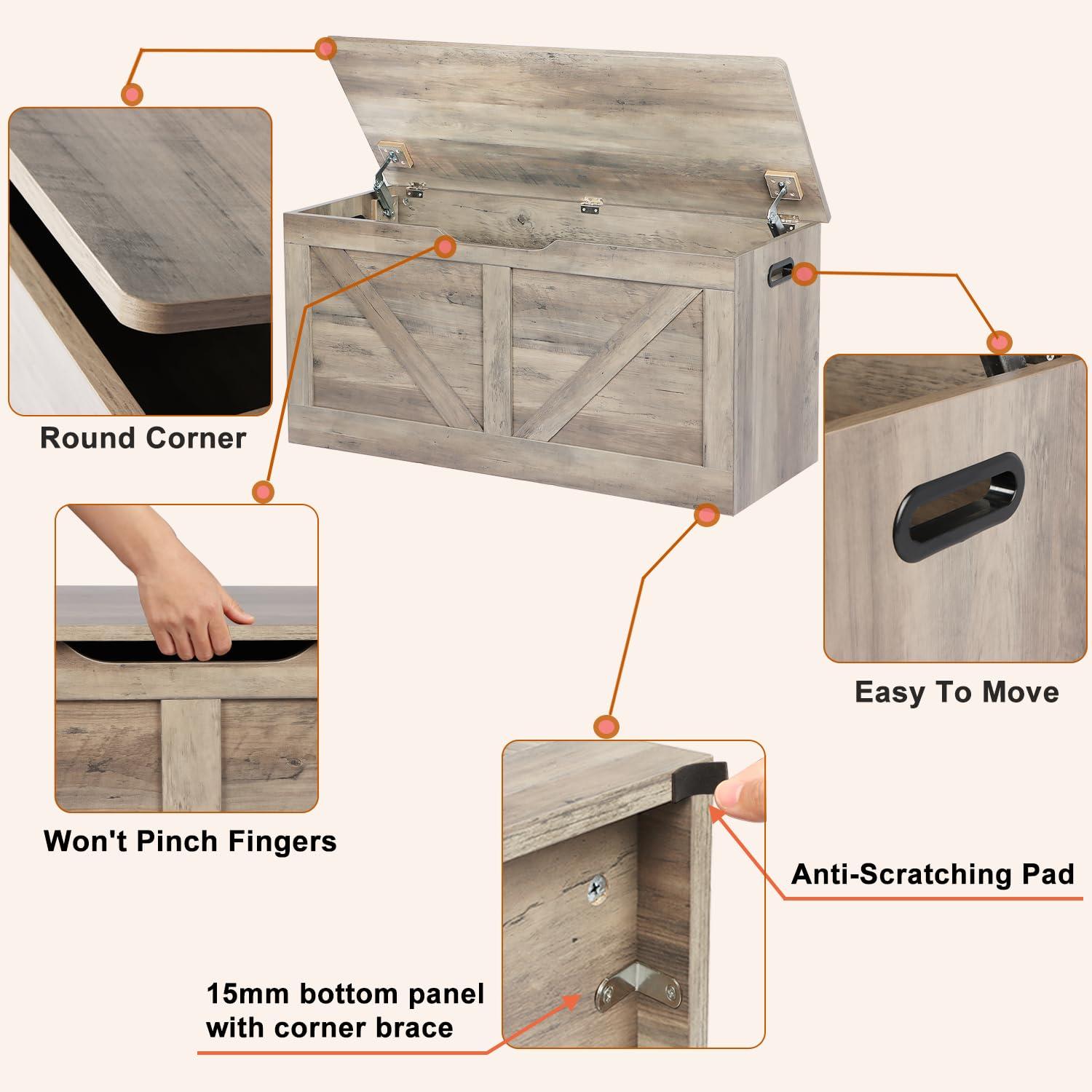 39.4" Storage Chest, Wooden Storage Bench, Large Storage Trunk with 2 Safety Hinges, Entryway Shoes Bench for Living Room, Bedroom, Grey