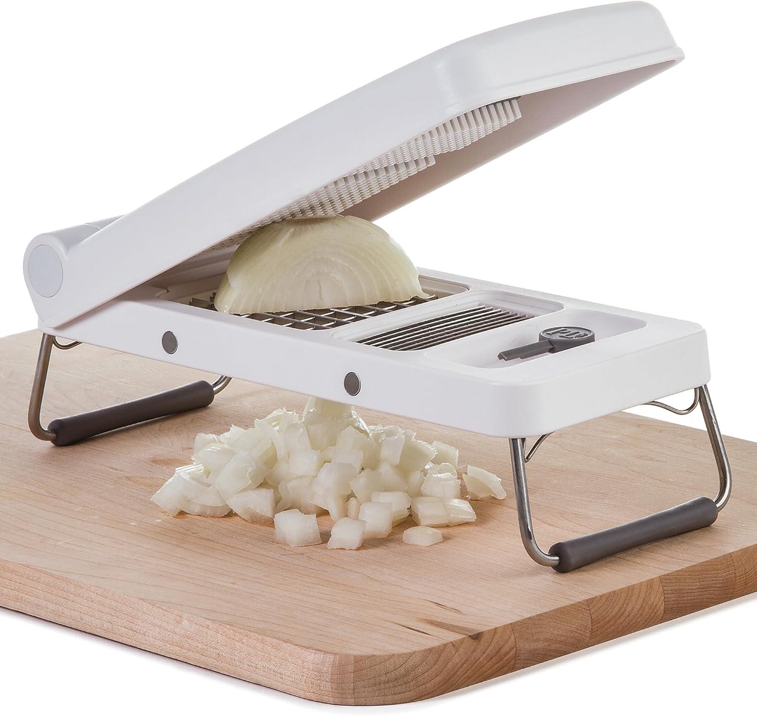PL8 Professional Chopper White: Stainless Steel Manual Food Chopper, 3 Blades, Dishwasher-Safe, Progressive Veggie Tool