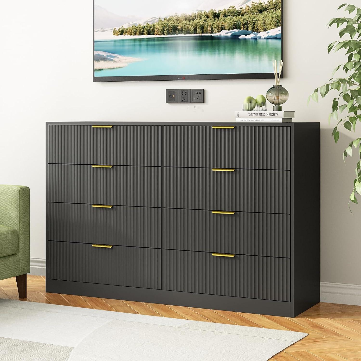 Fluted Dresser For Bedroom With 8 Drawers, 55" Wide Modern Chest Of Drawers With Metal Handle