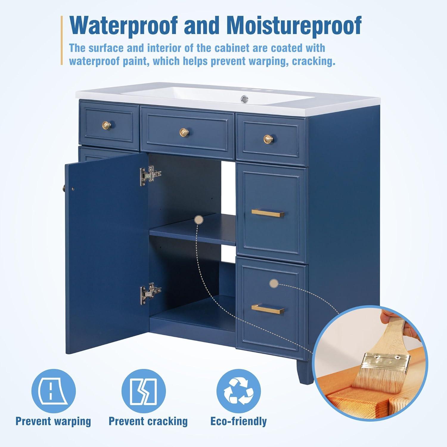 Miekor Furniture 36" Bathroom Vanity Cabinet with Sink Top Combo Set, Navy Blue, Single Sink, Shaker Cabinet with Soft Closing Door and Drawer W5UE-1