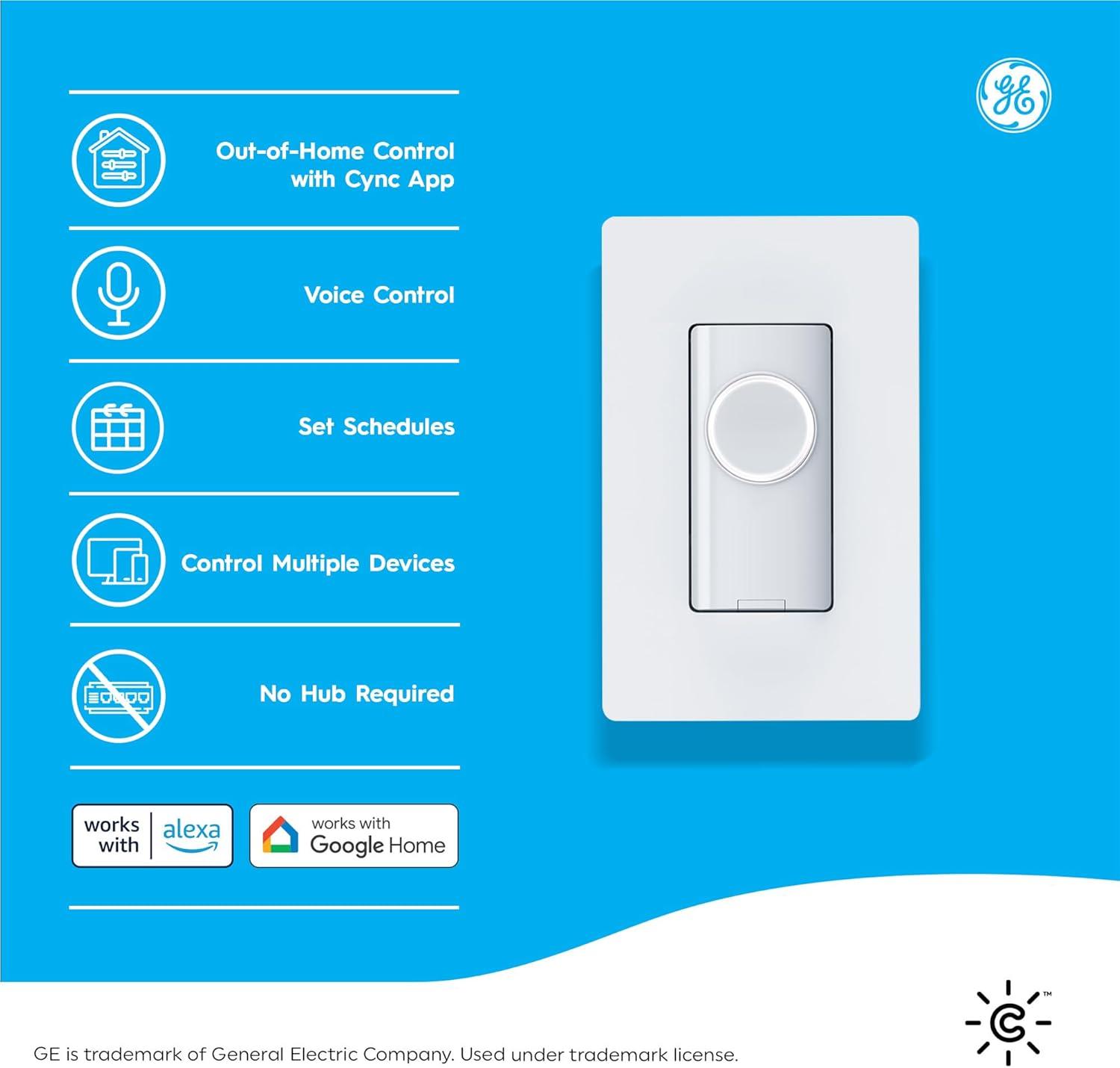 C by GE On/Off 3-Wire Smart Switch - Works with Alexa + Google Home Without Hub, Button Style Smart Switch, Single-Pole/3-Way Replacement, White