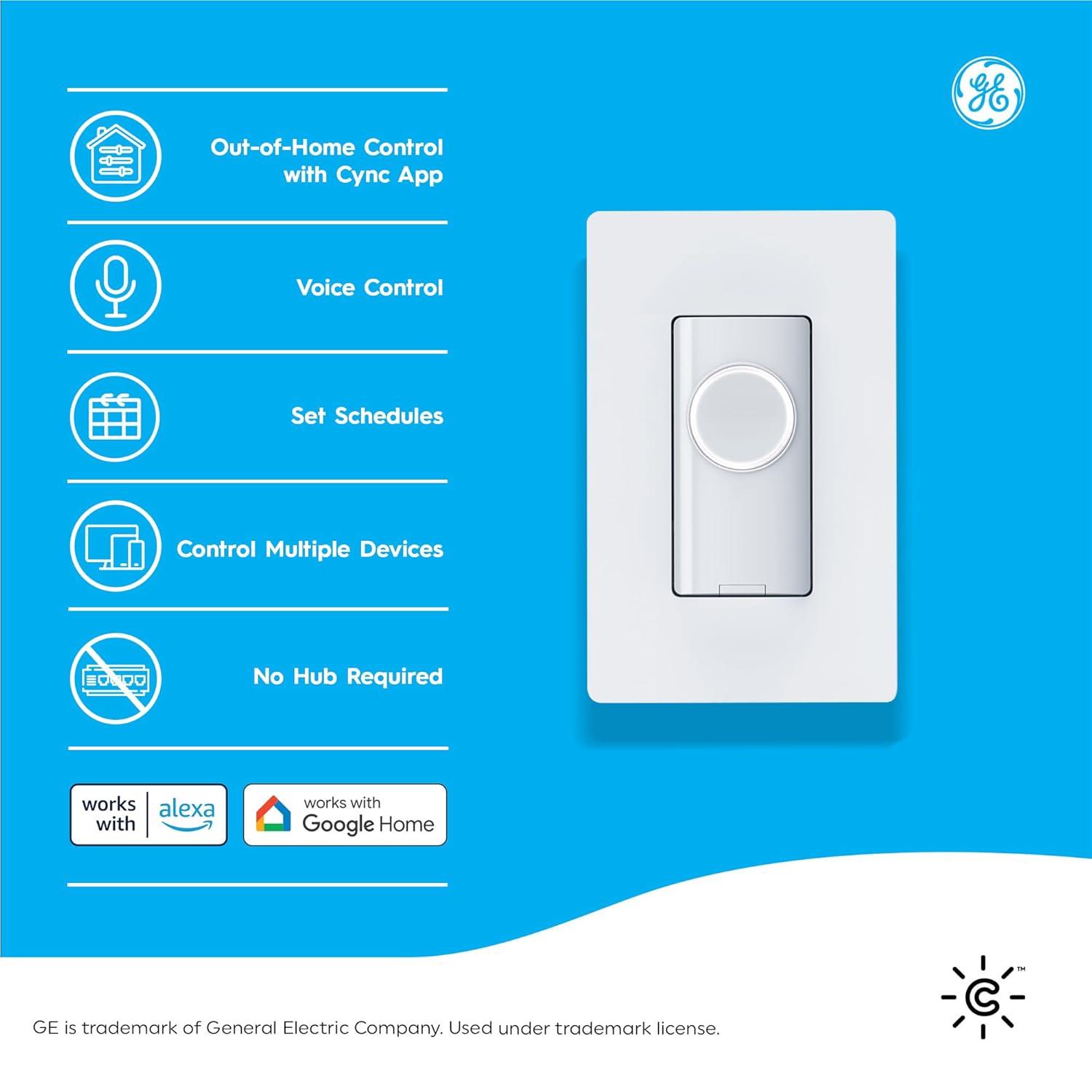 C by GE On/Off 3-Wire Smart Switch - Works with Alexa + Google Home Without Hub, Button Style Smart Switch, Single-Pole/3-Way Replacement, White