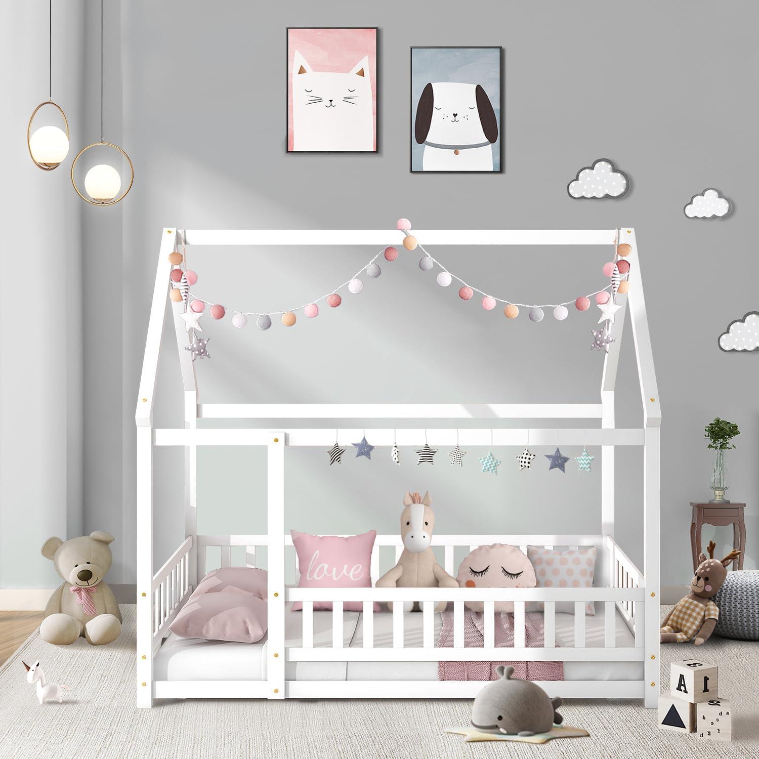 Full Floor Bed for Kids, Wooden House Bed Frame with Roof, Fence Guardrails, Montessori Bed for Toddlers Girl Boys, White