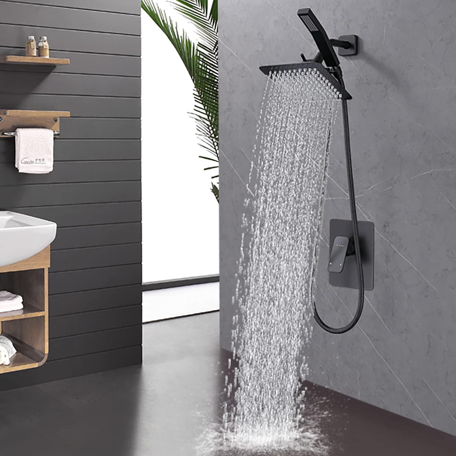 All Metal Shower Faucet Set, Dual Square Shower Head System with Handheld Wand, Diverter, Hose Complete Combo, Pressure Balance Rough-in Valve Included