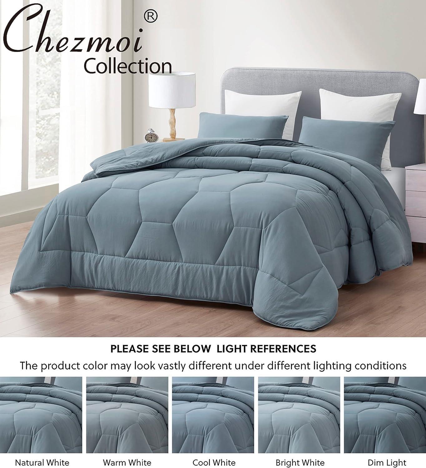 Chezmoi Collection Vero Dusty Blue Comforter Set Oversized Queen Size 3-Piece Fluffy Soft Lightweight Bedding Honeycomb Geometric Stone-Washed Microfiber Comforter Set for All Season